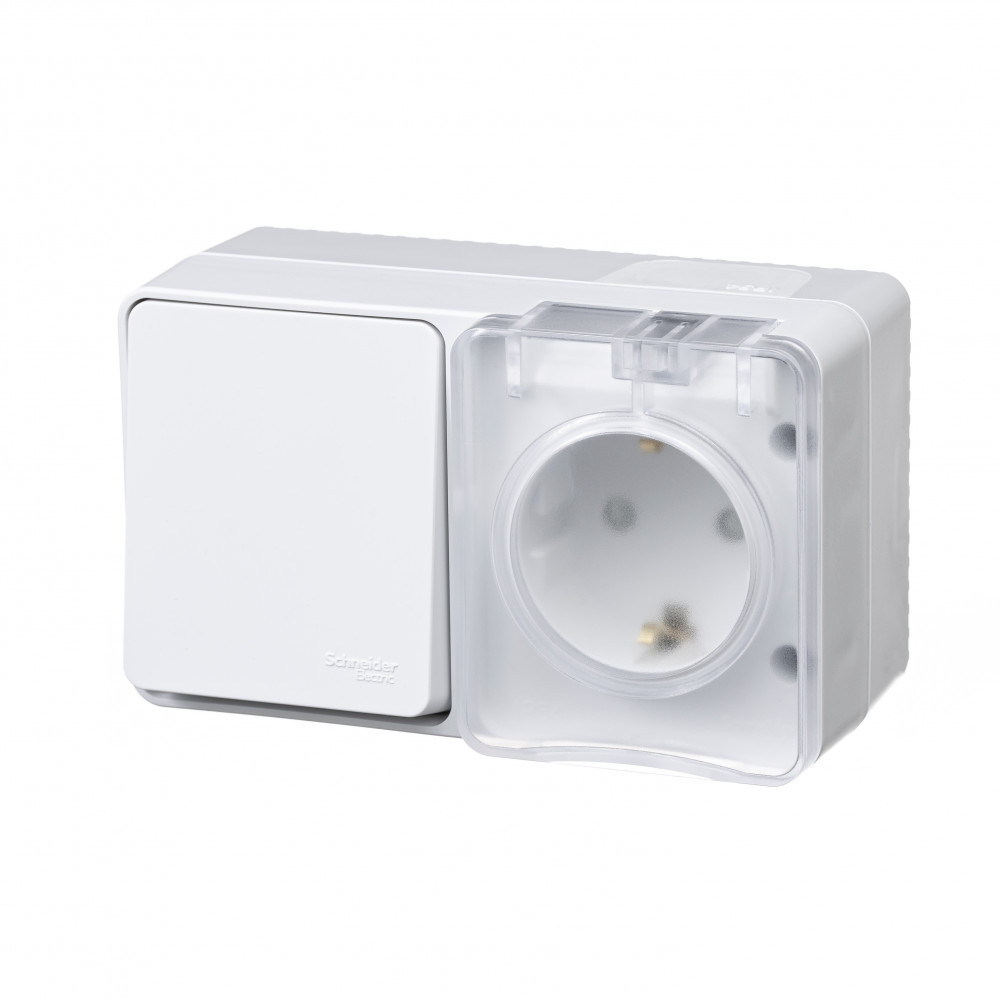 Блок выкл.1кл.+роз.1мест.з/к ОУ IP54 AtlasDesign (Schneider Electric) /с крыш.белый /арт. ATN540170/