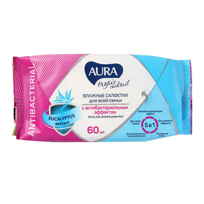Салфетки влажные AURA Tropic Cocktail с антибактериальным эффектом 60шт — фото 1