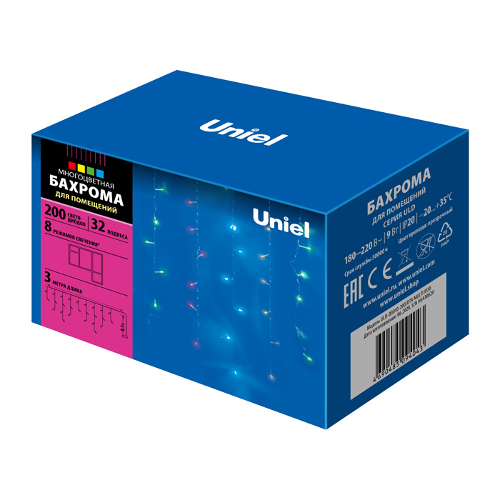 Гирлянда свд бахрома 3м IP20 (UNIEL) /200LED арт. ULD-B3010-200/DTA MULTI/ — фото 1