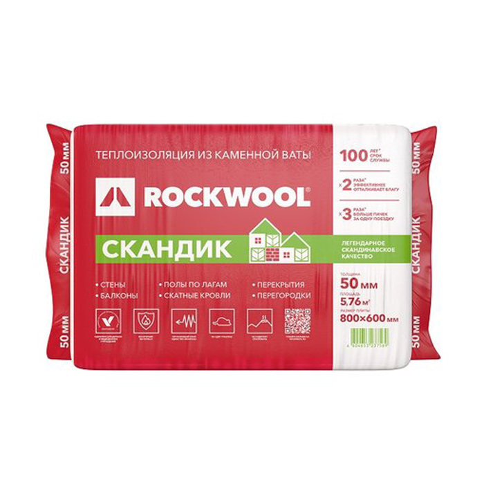 Минвата ROCKWOOL Лайт Баттс Скандик 800х600х50 (5,76м2)(0,288м3) — фото 1
