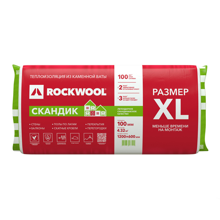 Минвата ROCKWOOL Лайт Баттс Скандик 100мм 1200х600х100 (4,32м2)(0,432м3) — фото 1
