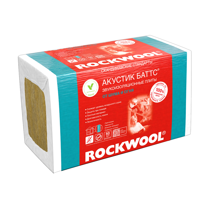 Минвата ROCKWOOL Акустик Баттс 50мм 1000х600 (0,3м3) (6,0м2) — фото 1