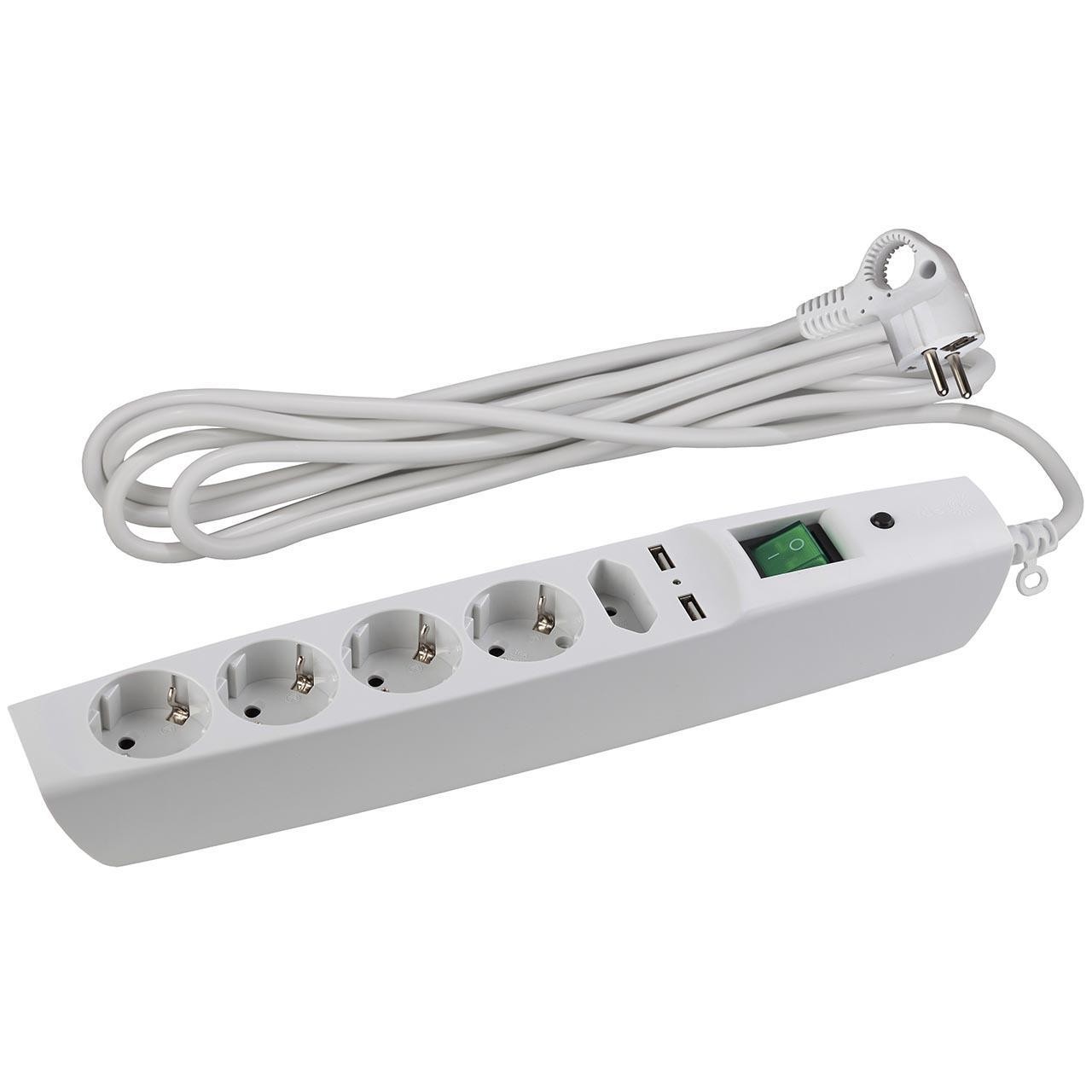 Фильтр сетевой 5-мест. 2метра 2хUSB з/конт. с выкл. (ЭРА) белый арт.SFU-5es-2m-W — фото 1