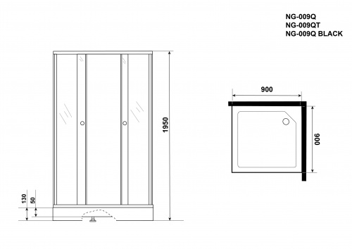 Уголок душевой Niagara NG-009-14QT (900х900х1950) низ.поддон стекло тонированное 2 места