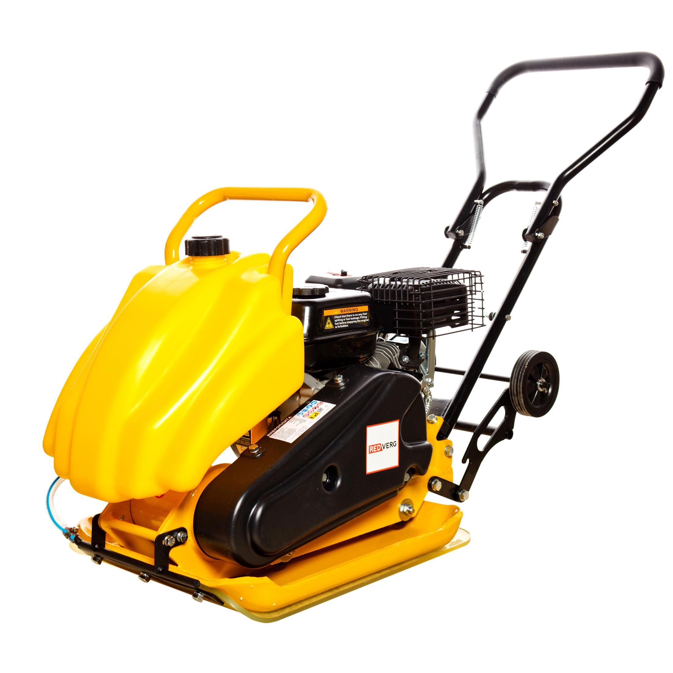 Виброплита RD-29142 (REDVERG) /двиг. Loncin PW200; 6,5 л.с., плита 530х370мм; ударная сила 11кН, уплотнение до 250мм; 63кг, бак для воды, колеса, коврик/