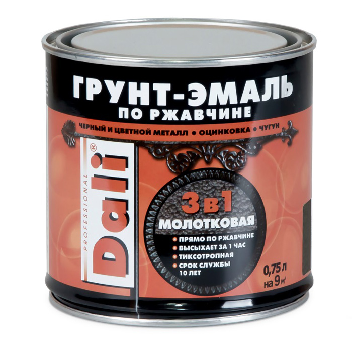 Грунт-эмаль DALI молотковая по ржавчине 0,75л серый — фото 1