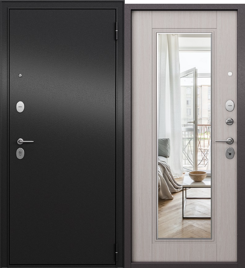 Дверь FAMILY ECO MP ЗЕРКАЛО 860*2050 Правая, Антрацит букле, МДФ Бьянко ларче Е-140 — фото 1