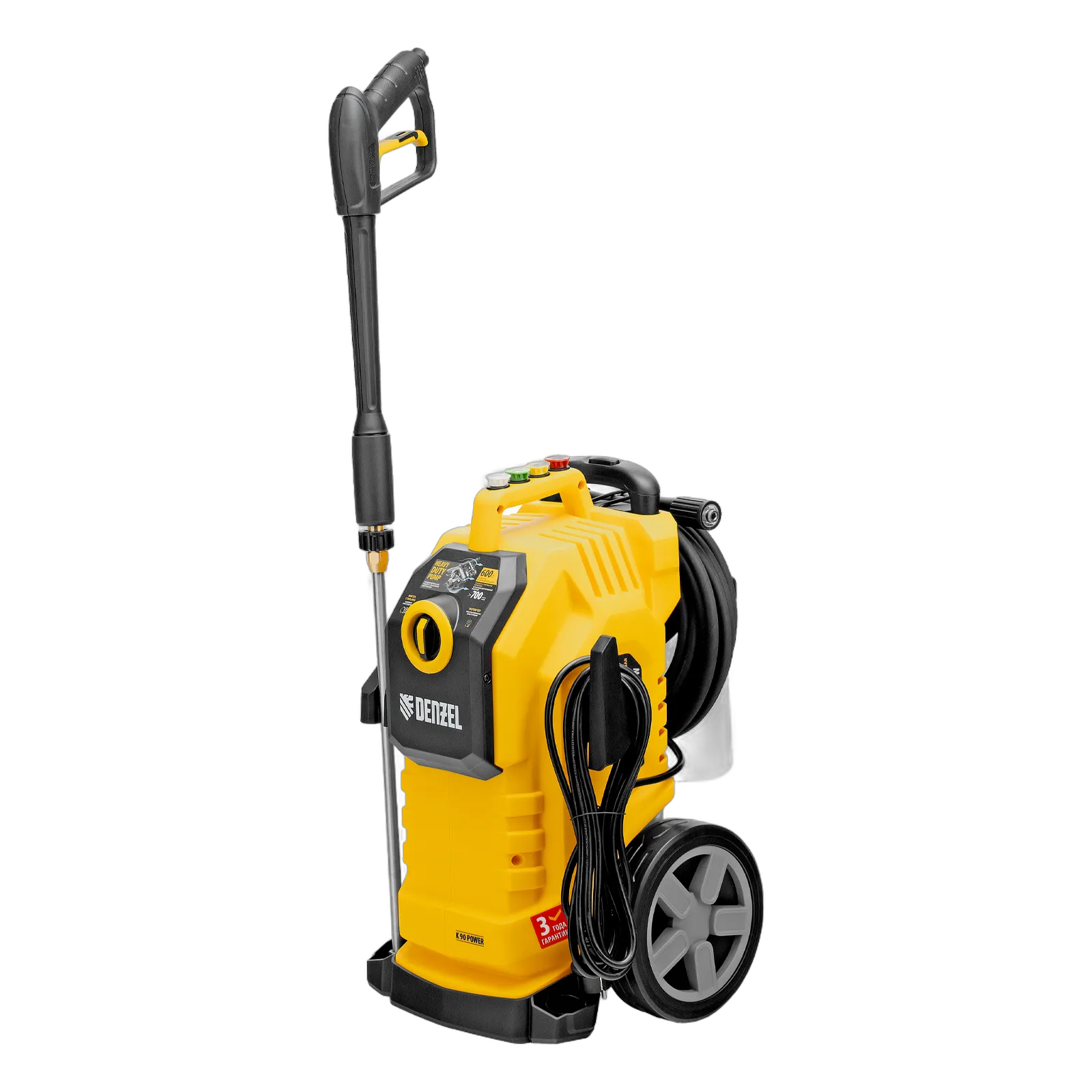 Машина моечная K 90 Power (DENZEL) /3,1кВт; 150бар, макс.220бар; 600л/час; шланг 8м; 25,8кг, пеногенератор, асинхронный двиг., насадки/ — фото 1