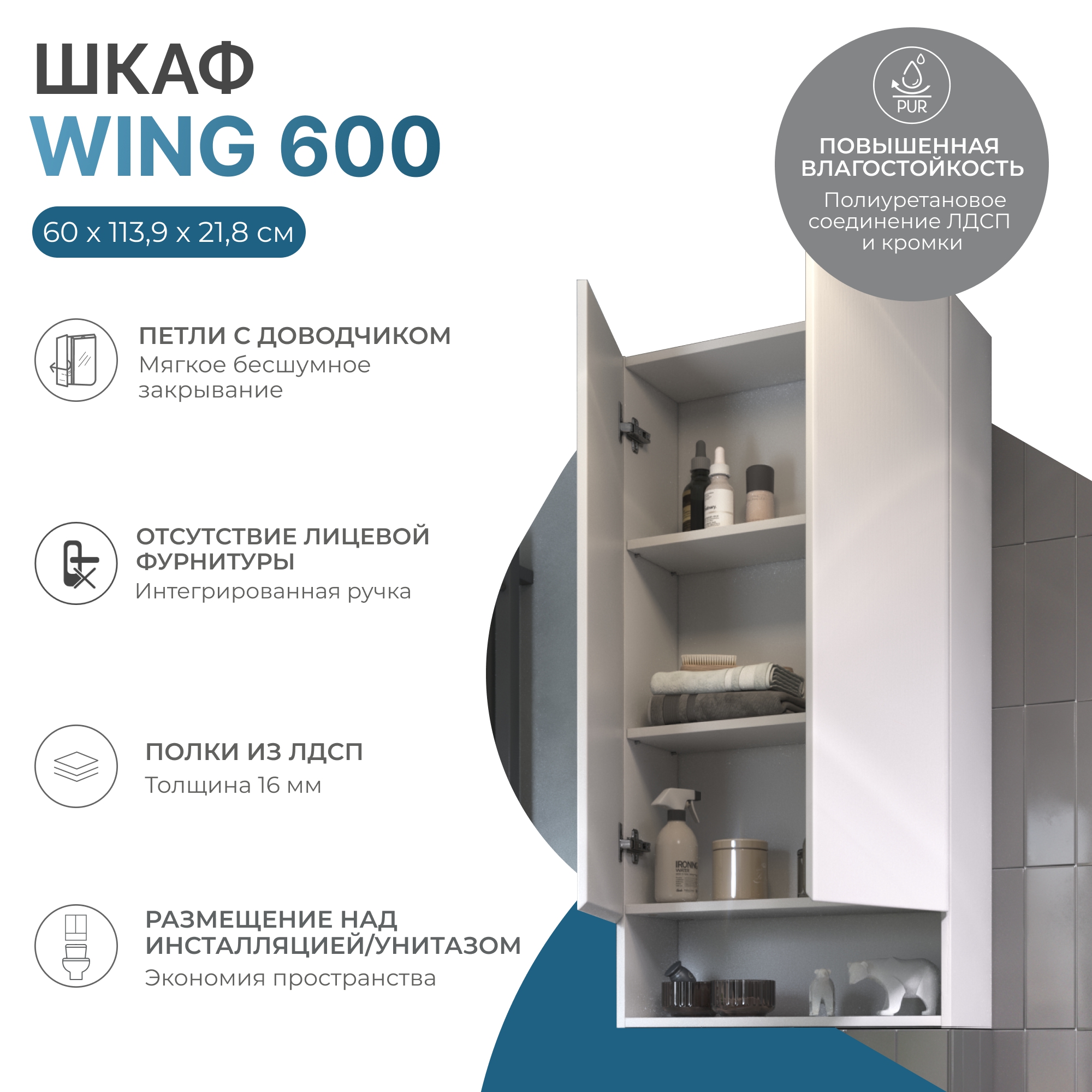 Шкаф навесной Wing 600 с нишей белый (в разборе)