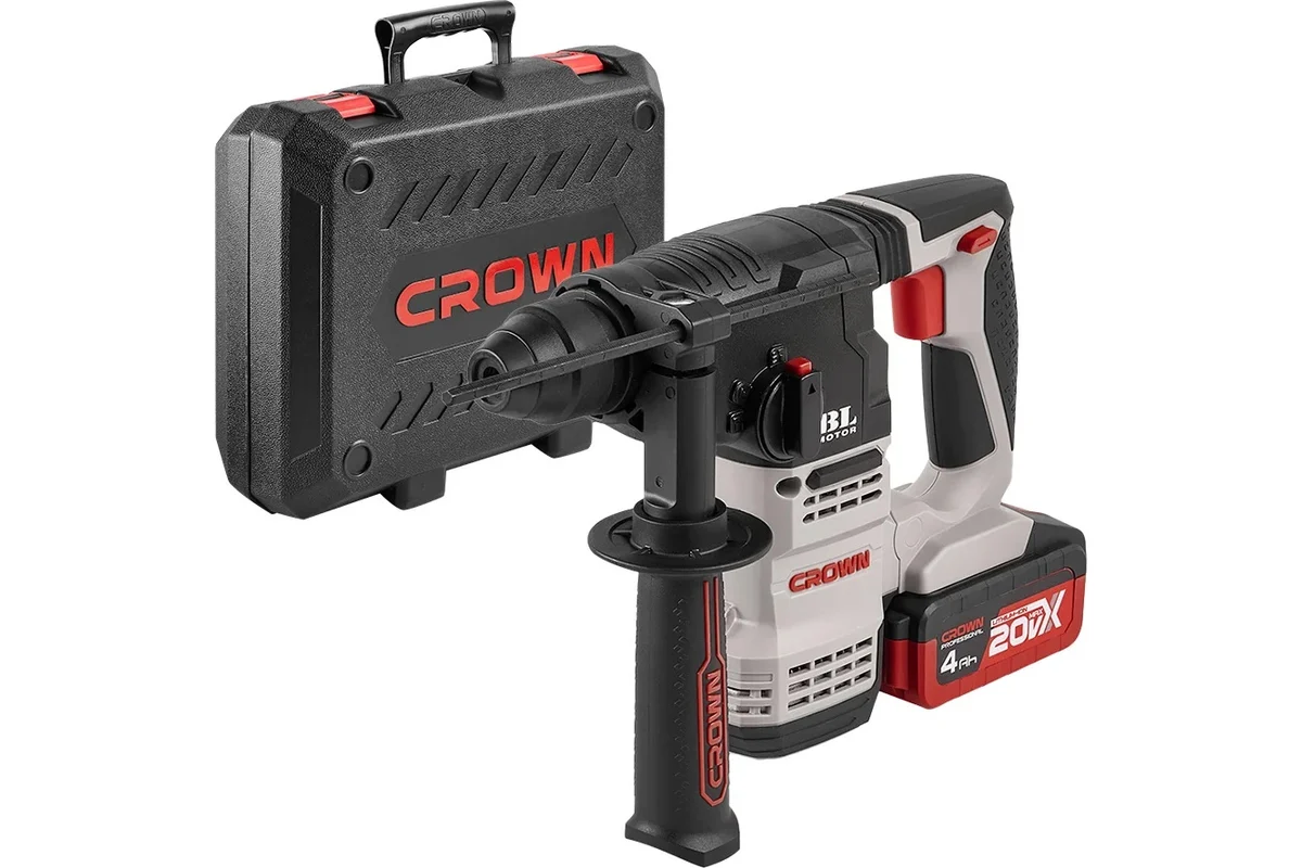 Перфоратор аккумуляторный CT28001HX-4 BMC (CROWN) /20В; SDS-plus; 2,3Дж; 3 реж; 2 акк 4,0 Ач Li-ion; 3,1кг; кейс, бесщет.двиг./ — фото 1