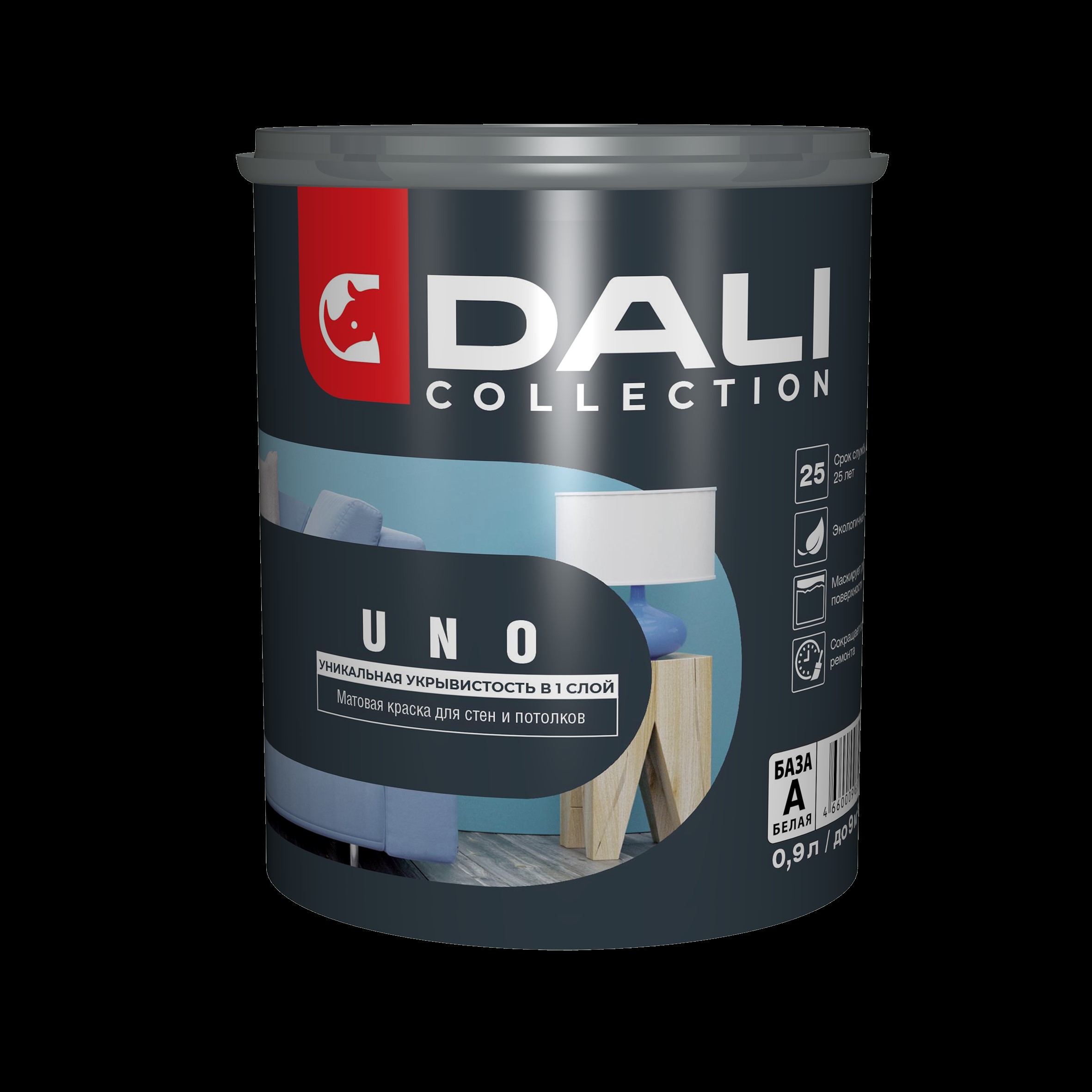 Краска Dali Collection UNO для стен и потолков укрывистая 0,9л База А — фото 1