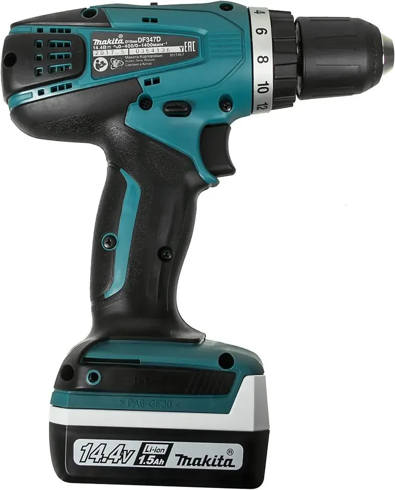 Дрель аккумуляторная ударная НР 347 DWE (MAKITA) /14,4В; 2х1,5 Aч Li-Ion; 30Нм 0-400/0-1400об/мин, 0-6000/0-21000 уд/мин; БЗП10мм, G аккум. серия, 1,5кг, кейс/ — фото 2
