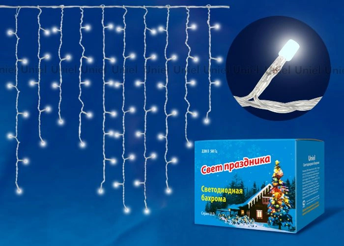 Гирлянда свд уличная бахрома 3,0м IP67 (UNIEL) /200LED провод черный арт. ULD-B3010-200/TBK WHITE/ — фото 1