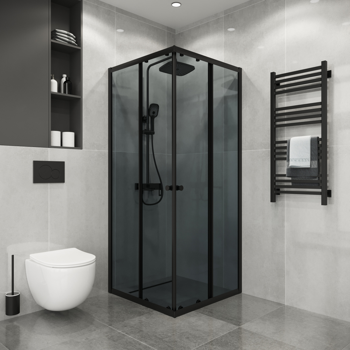 Уголок душевой NG-1009-14QT (90х90х190) квадрат, черн., стекло тонир + душ поддон NG-P9090-14Q квад)