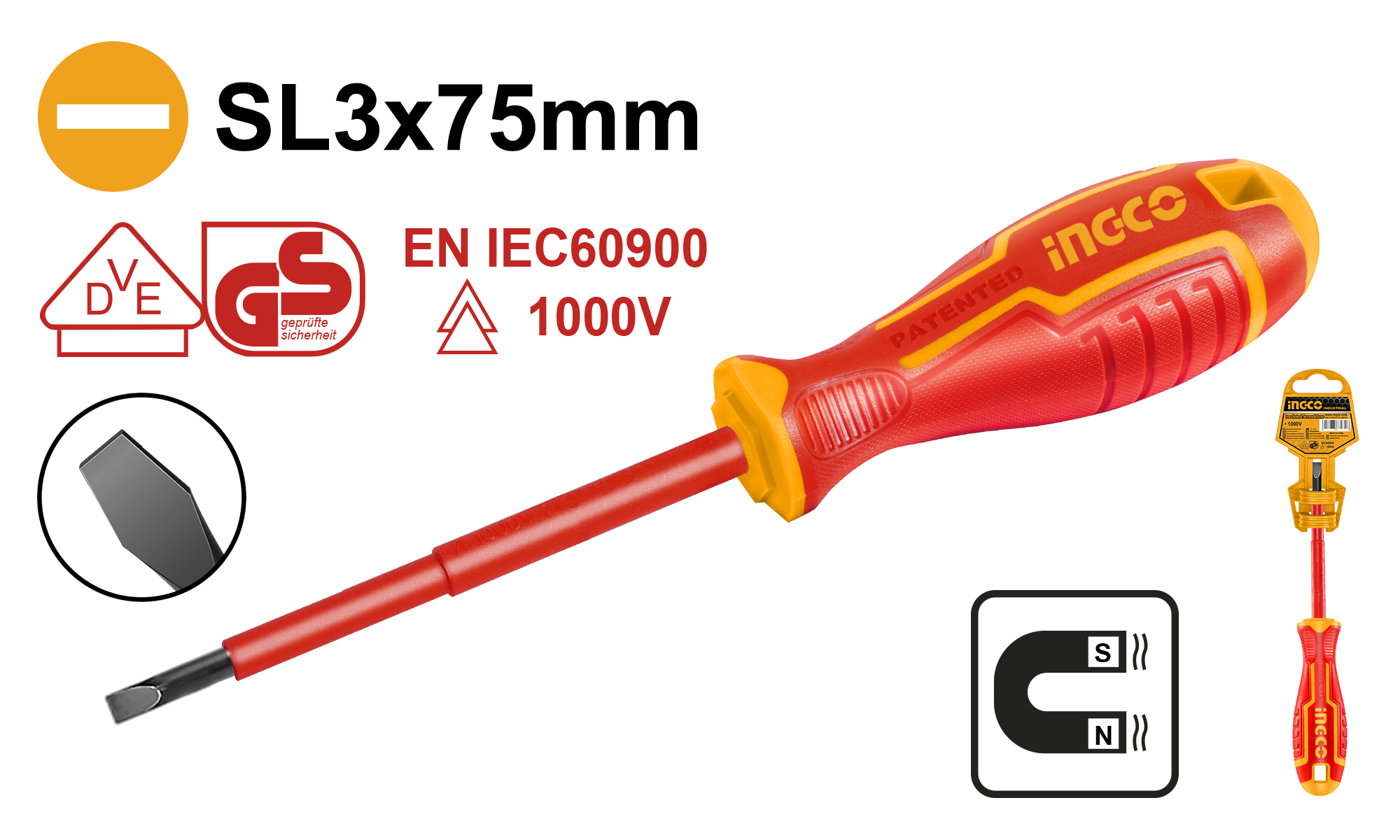 Отвертка диэлектрическая плоская INGCO HISD813075 INDUSTRIAL SL3x75 мм — фото 1