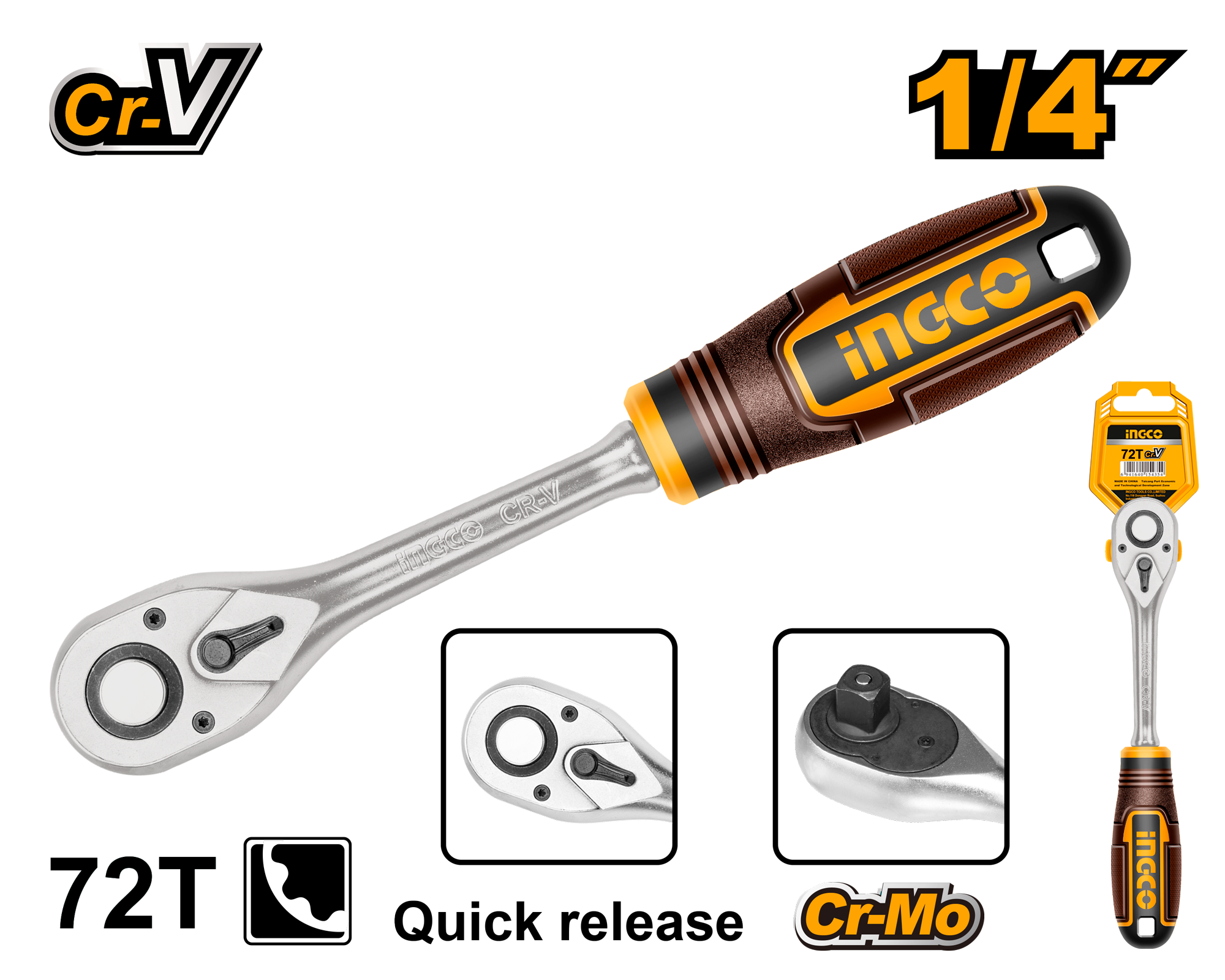 Ключ трещоточный INGCO HRTH0814 INDUSTRIAL 1/4