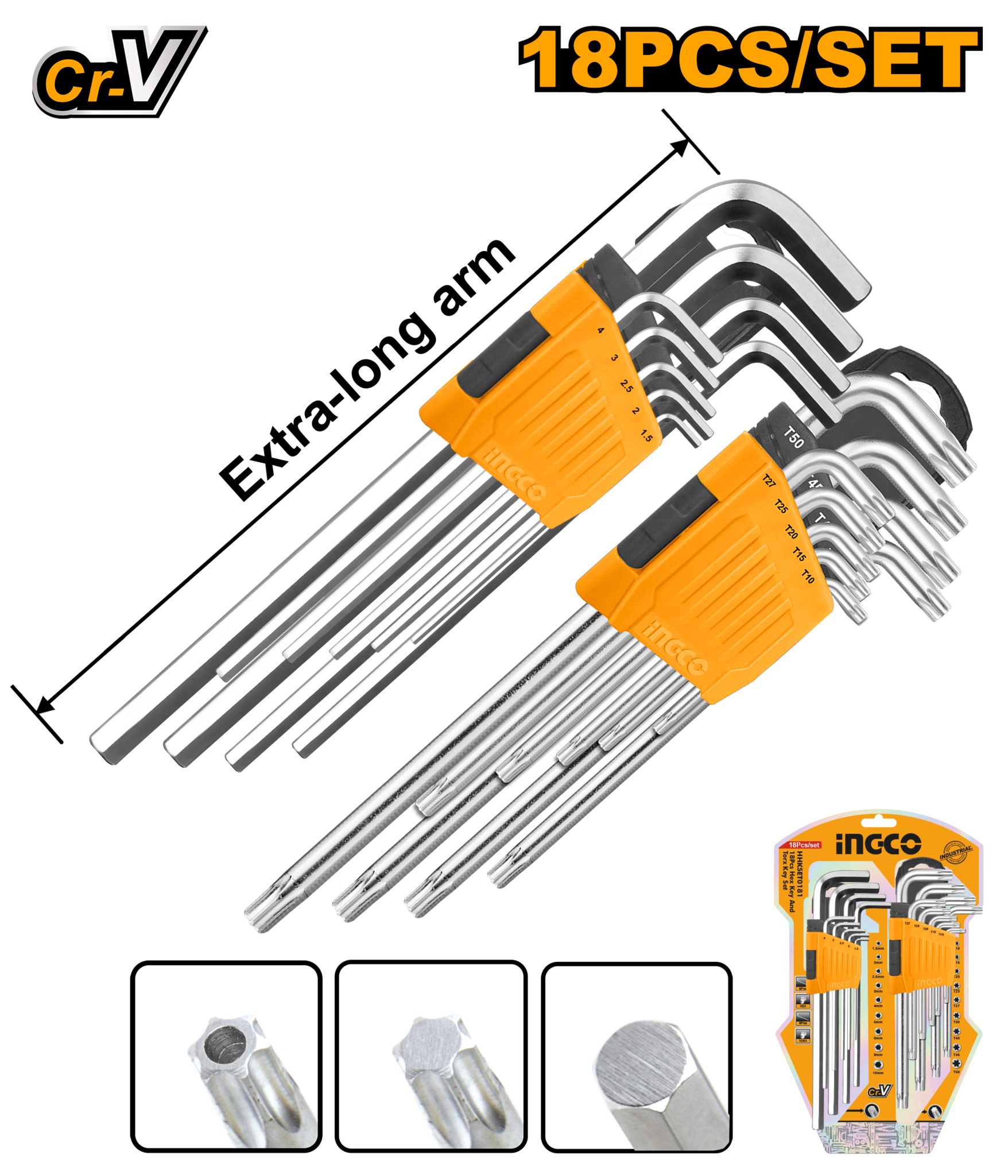 Набор шестигранников HEX 1,5-10 мм и TORX Т10-Т50 INGCO HHKSET0181 INDUSTRIAL 18 шт. — фото 1