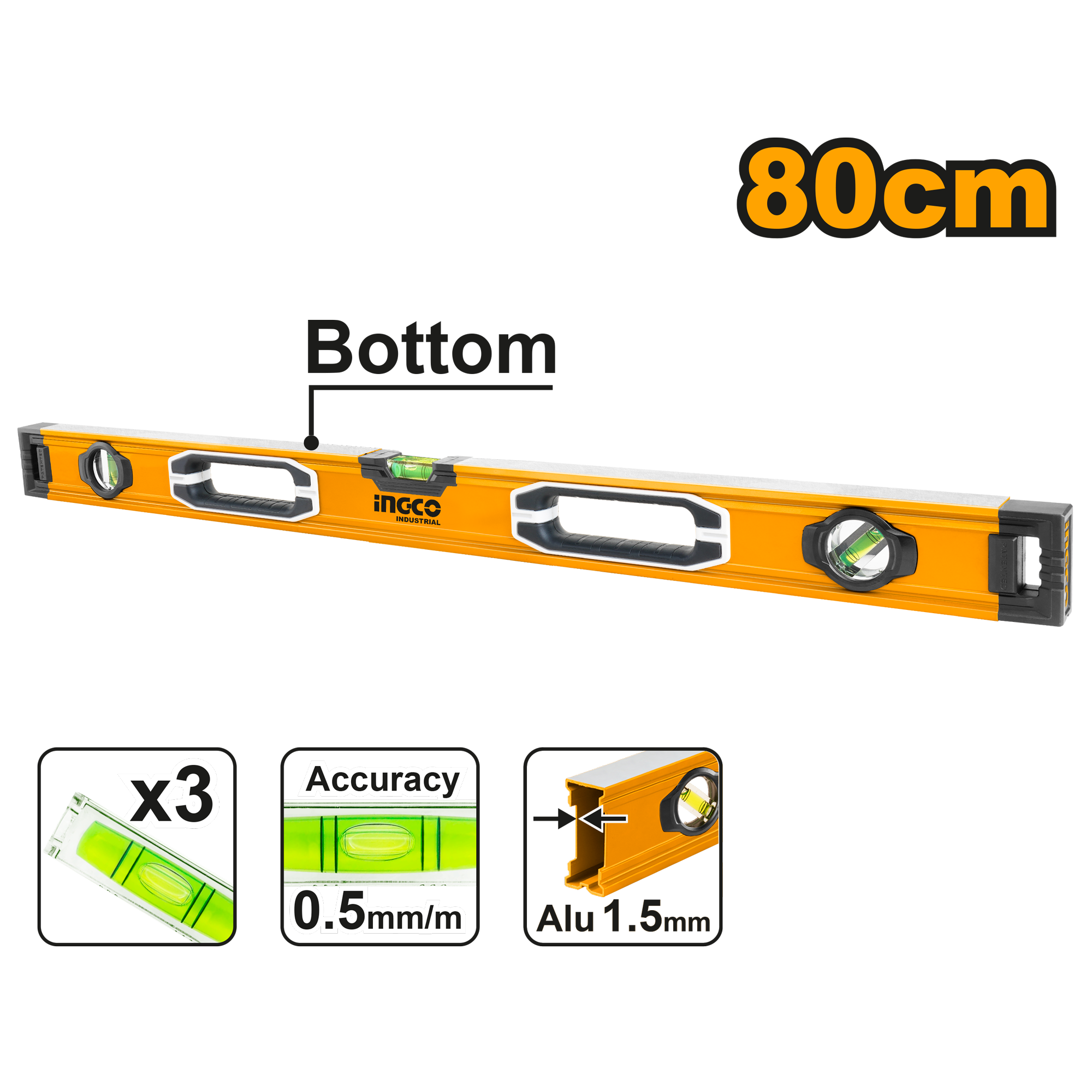 Строительный алюминиевый уровень INGCO HSL08080 INDUSTRIAL 80 см