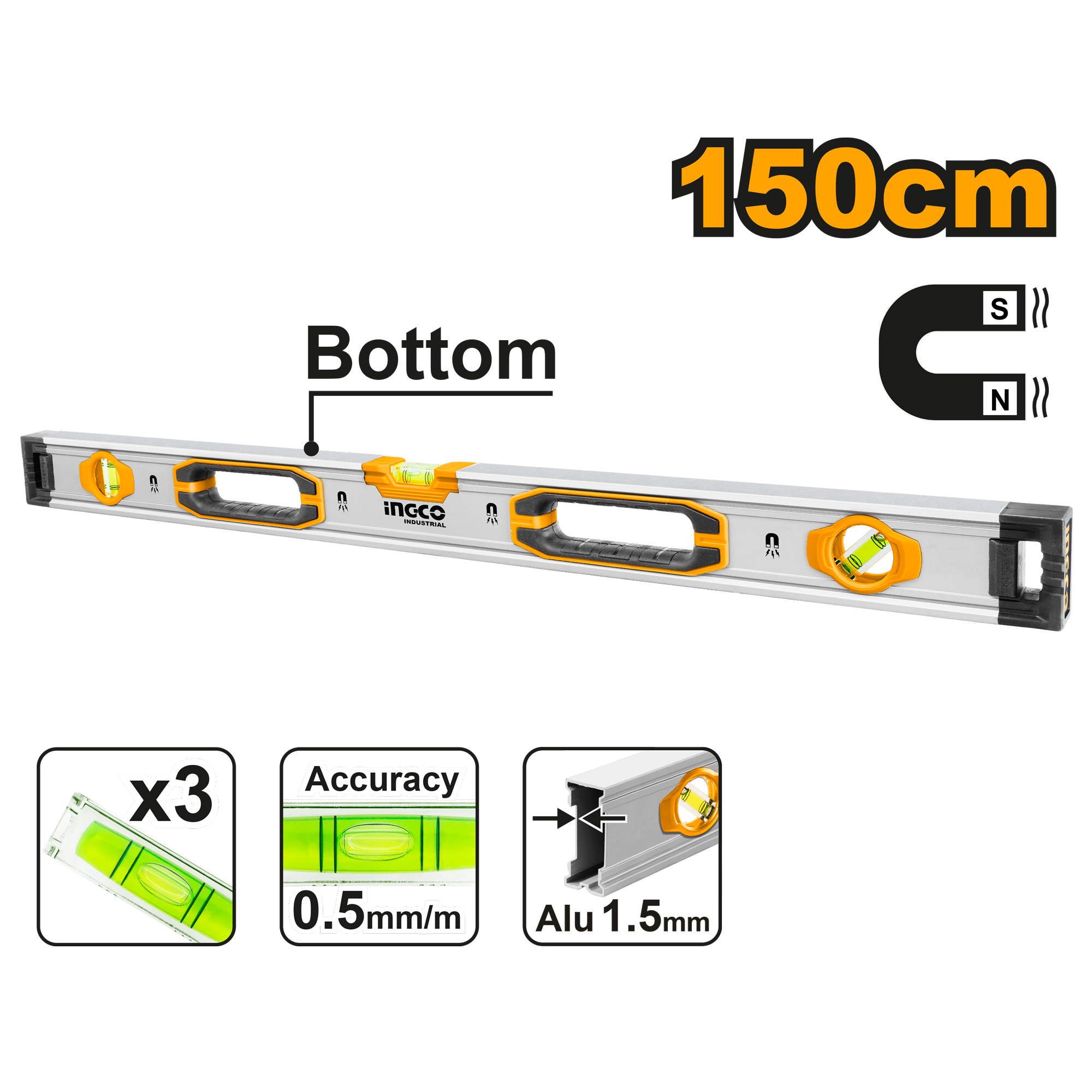 Строительный алюминиевый уровень магнитный INGCO HSL38150M INDUSTRIAL 150 см — фото 1