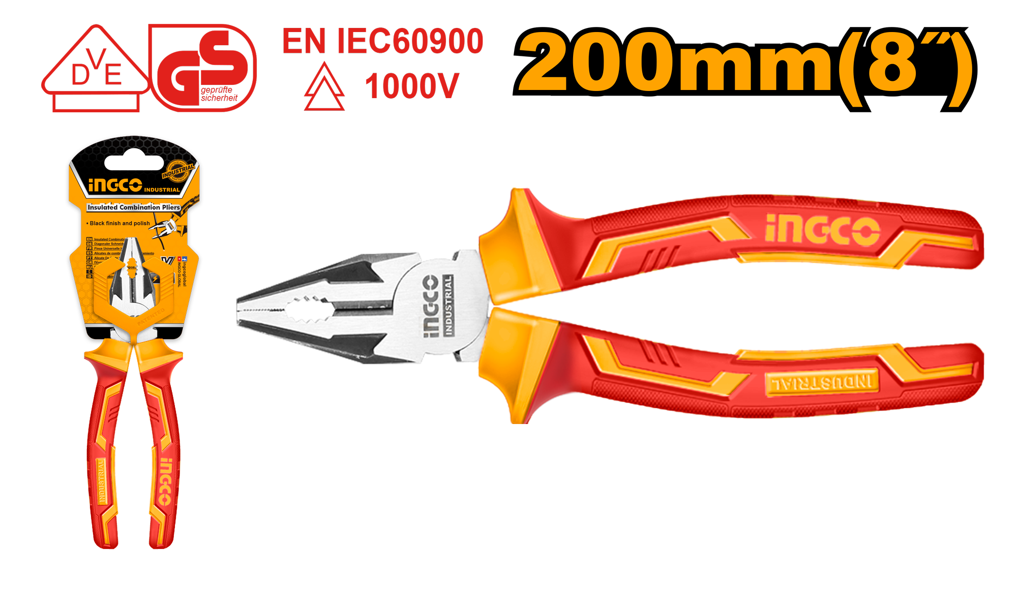 Плоскогубцы диэлектрические INGCO HICP28208 INDUSTRIAL 200 мм