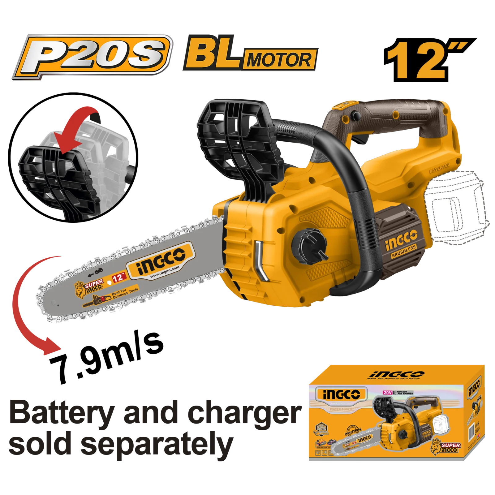 Аккумуляторная бесщеточная цепная пила INGCO CGSLI20128 INDUSTRIAL 20 В 12