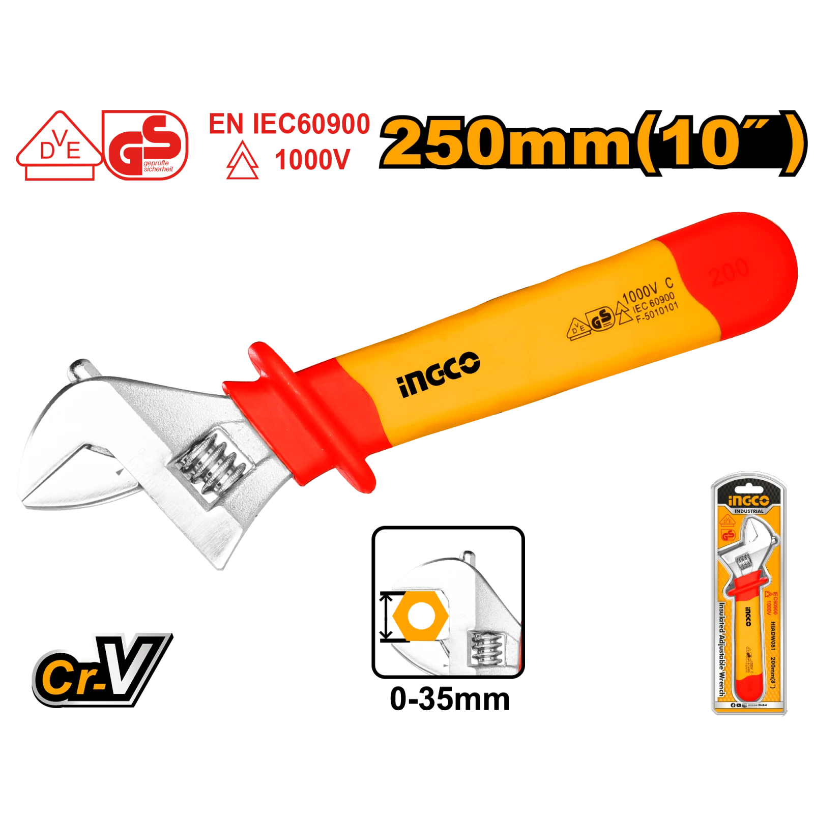 Разводной ключ диэлектрический INGCO HIADW101 INDUSTRIAL 250 мм