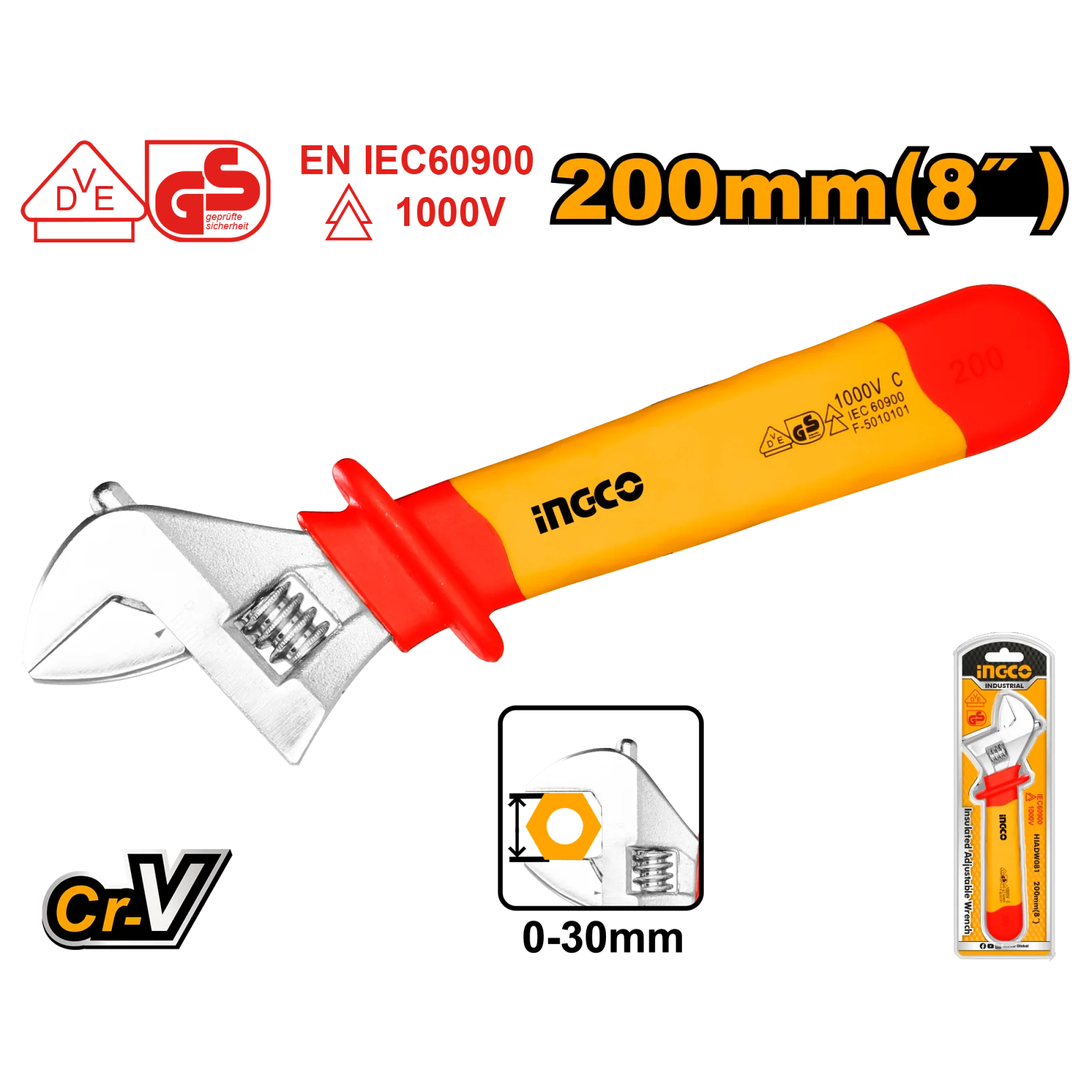Разводной ключ диэлектрический INGCO HIADW081 INDUSTRIAL 200 мм