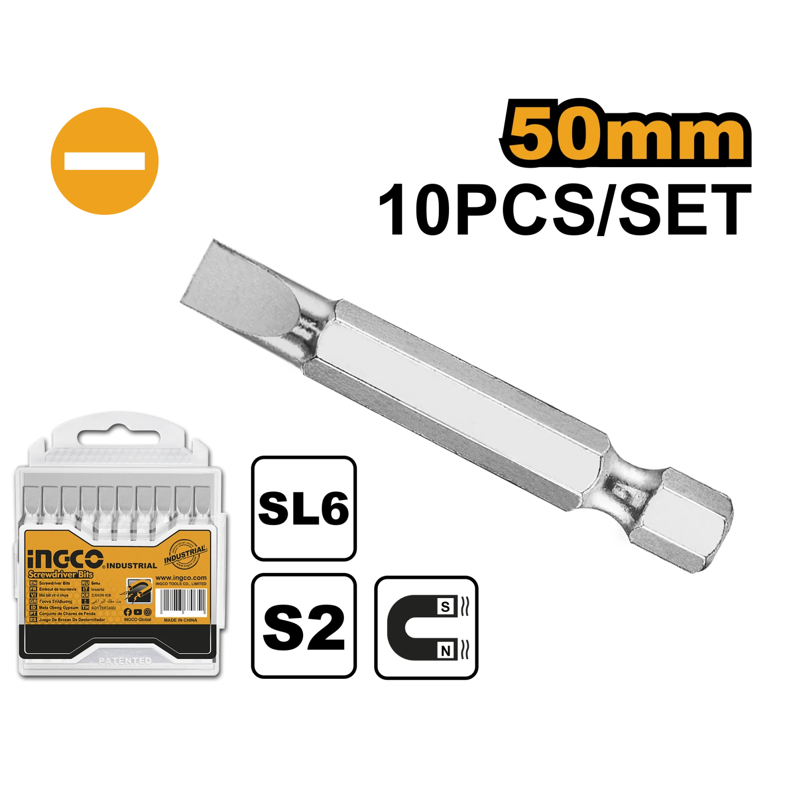 Набор бит для шуруповерта INGCO SDB11SL423 INDUSTRIAL SL6х50 мм 10 шт. — фото 1