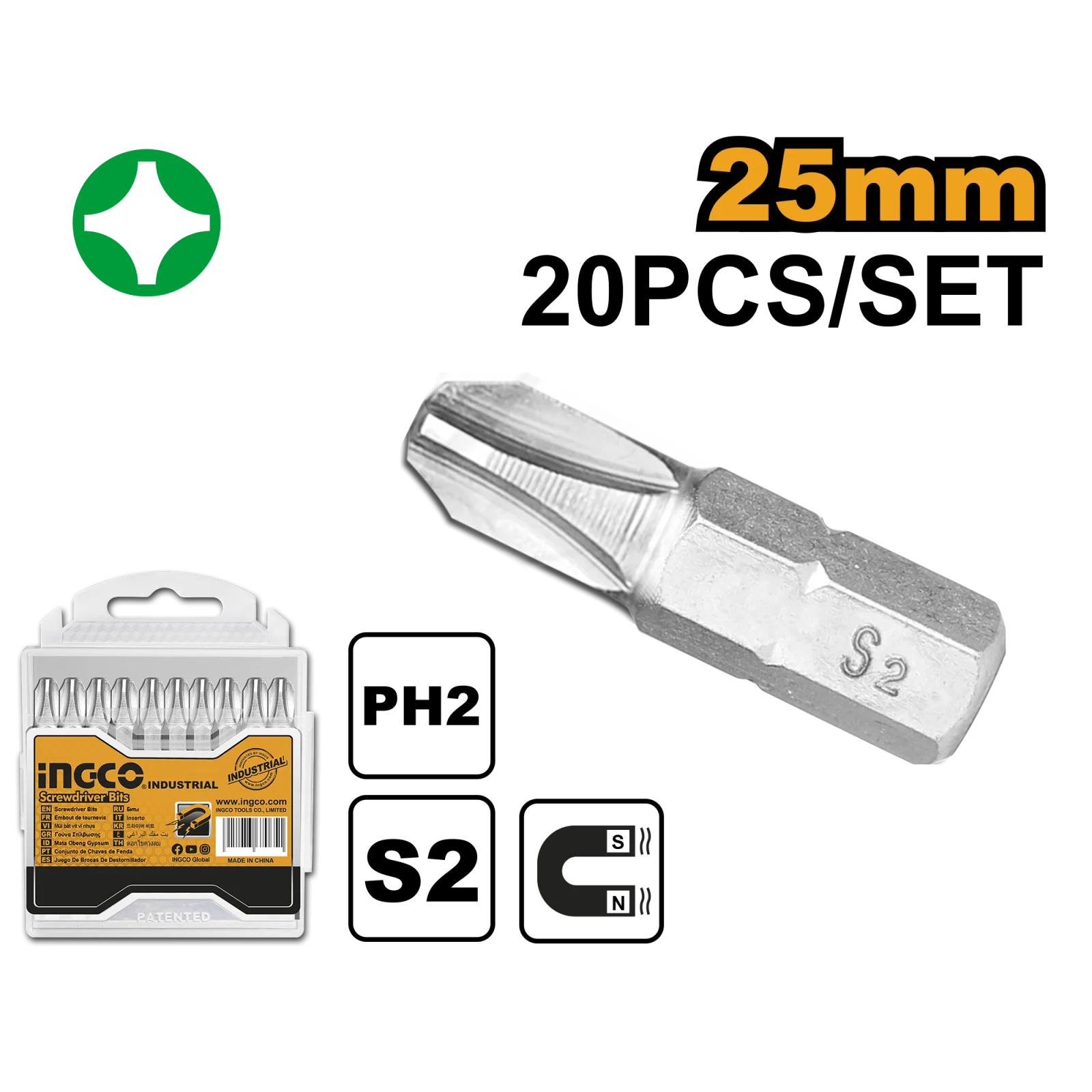 Набор бит для шуруповерта INGCO SDB11PH213 INDUSTRIAL PH2х25 мм 20 шт. — фото 1