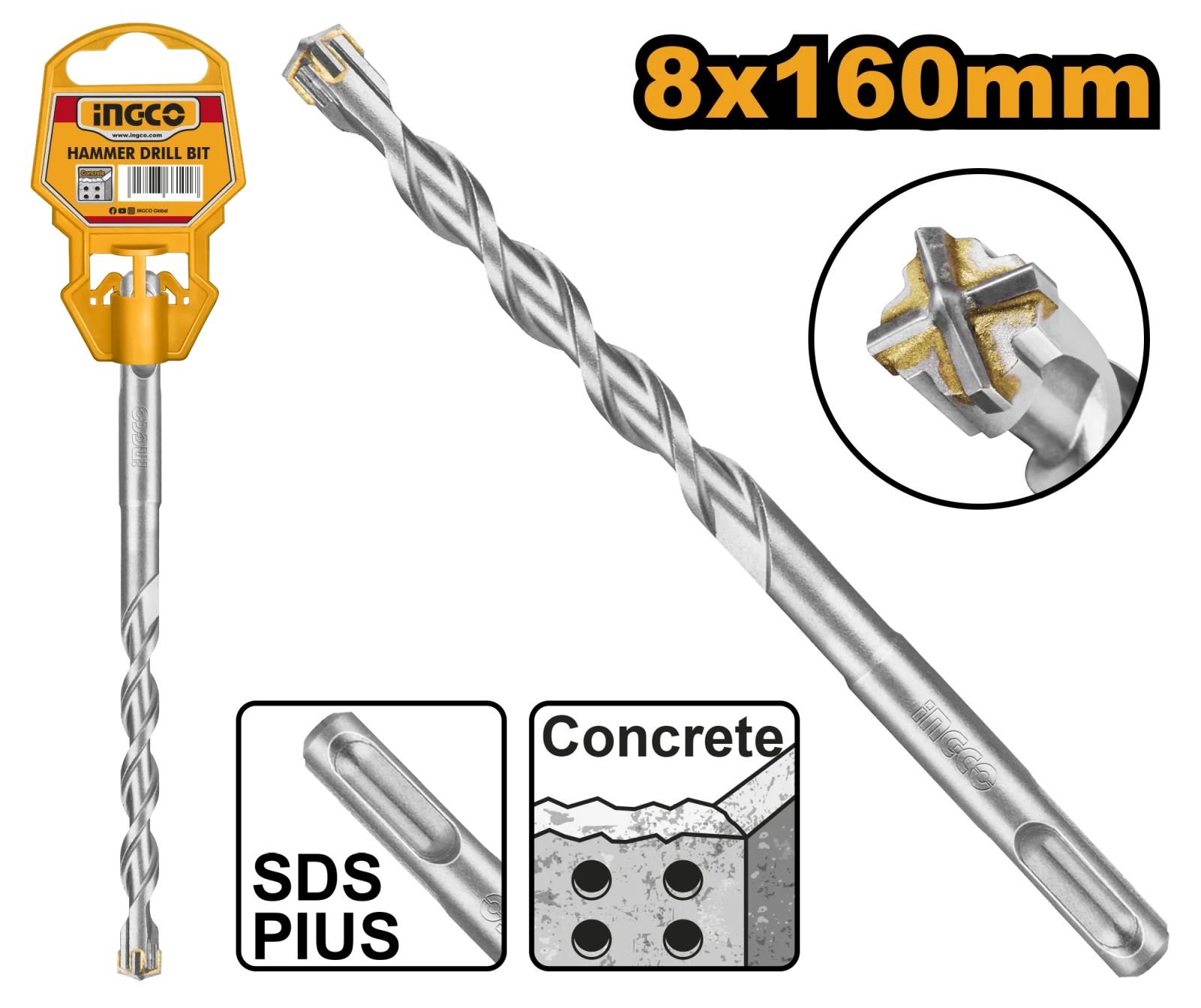 Бур по бетону SDS-plus 8х160 мм INGCO DBH1210802C INDUSTRIAL — фото 1