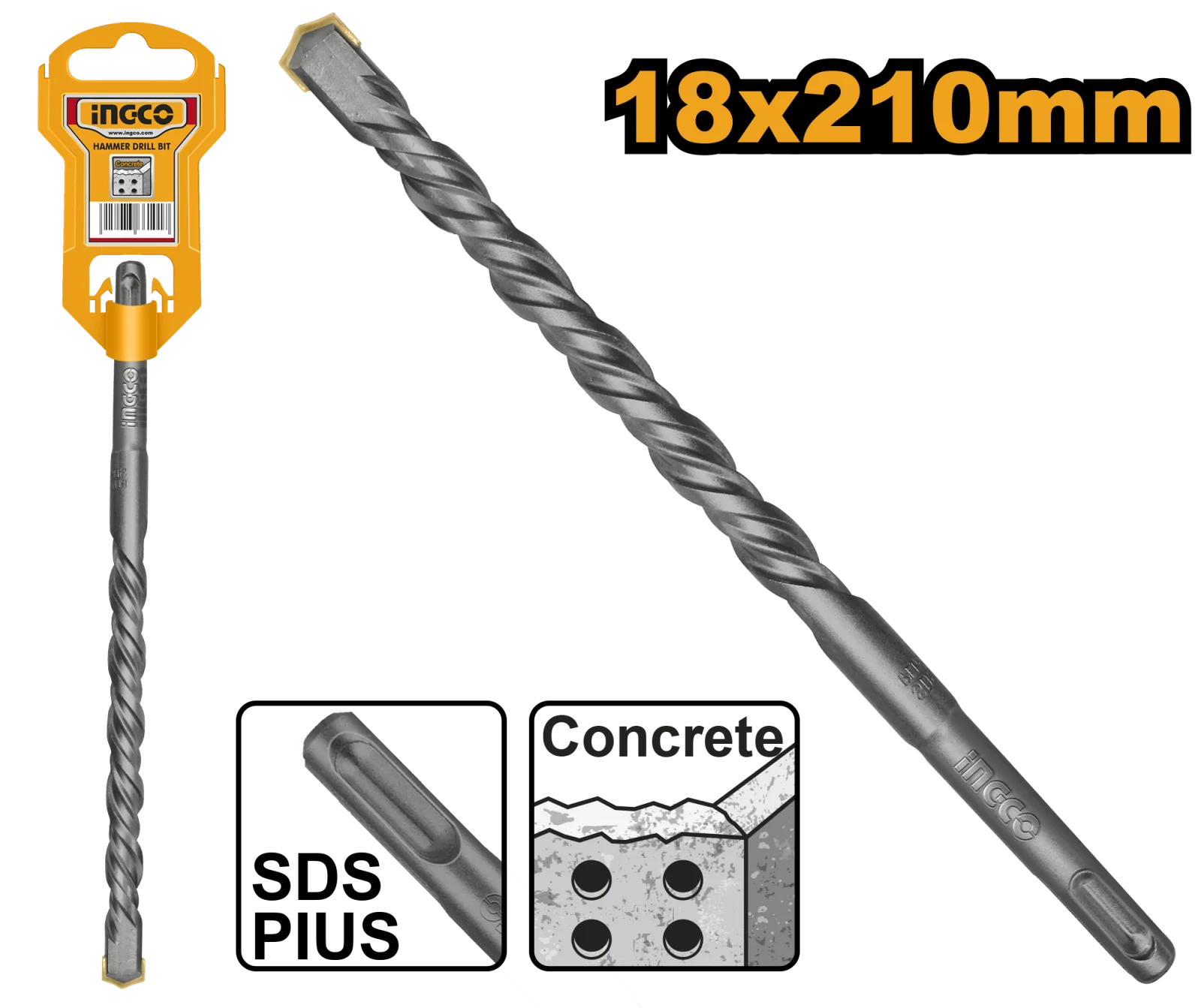 Бур по бетону SDS-plus 18х210 мм INGCO DBH1211801 INDUSTRIAL — фото 1