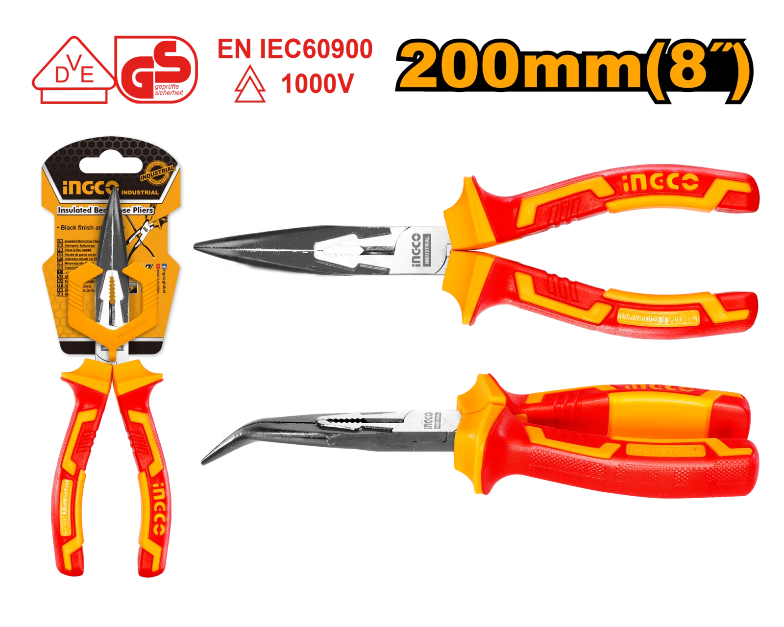Тонкогубцы диэлектрические изогнутые INGCO HIBNP28208 INDUSTRIAL 200 мм — фото 1