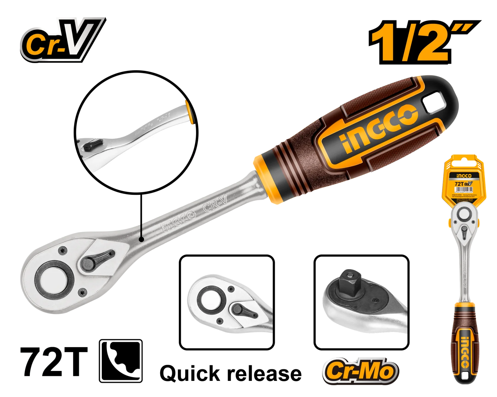 Ключ трещоточный изогнутый INGCO HRTH8412 INDUSTRIAL 1/2