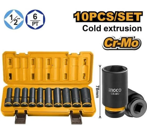 Набор торцевых ударных удлинённых головок INGCO HKISSD12102L INDUSTRIAL 1/2
