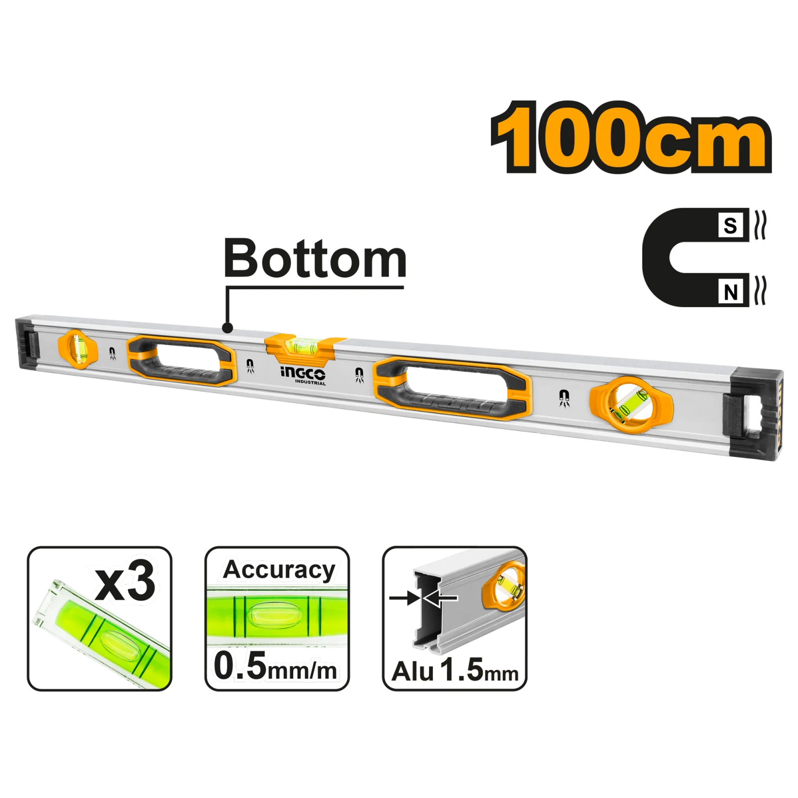 Строительный алюминиевый уровень магнитный INGCO HSL38100M INDUSTRIAL 100 см — фото 1