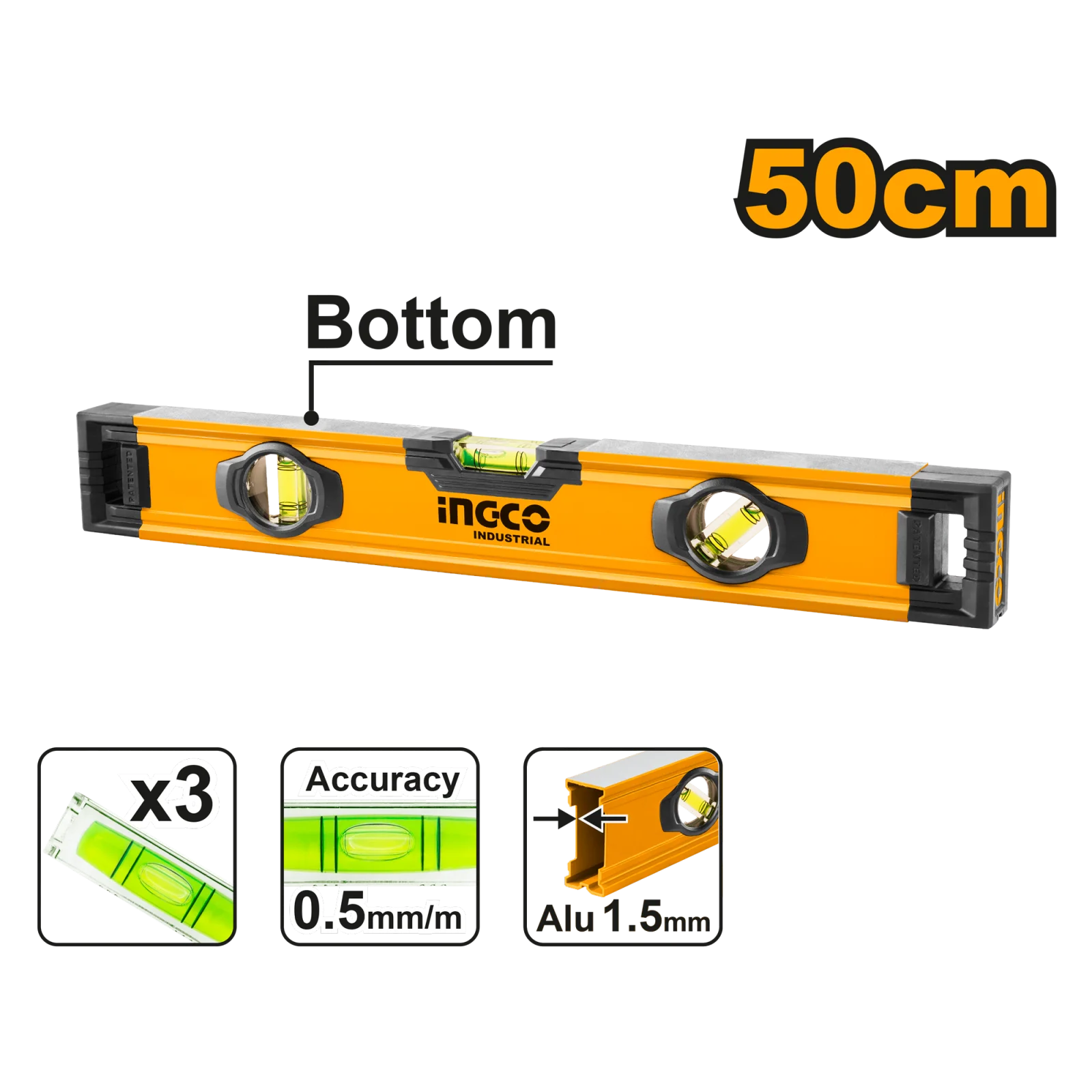 Строительный алюминиевый уровень INGCO HSL08050 INDUSTRIAL 50 см