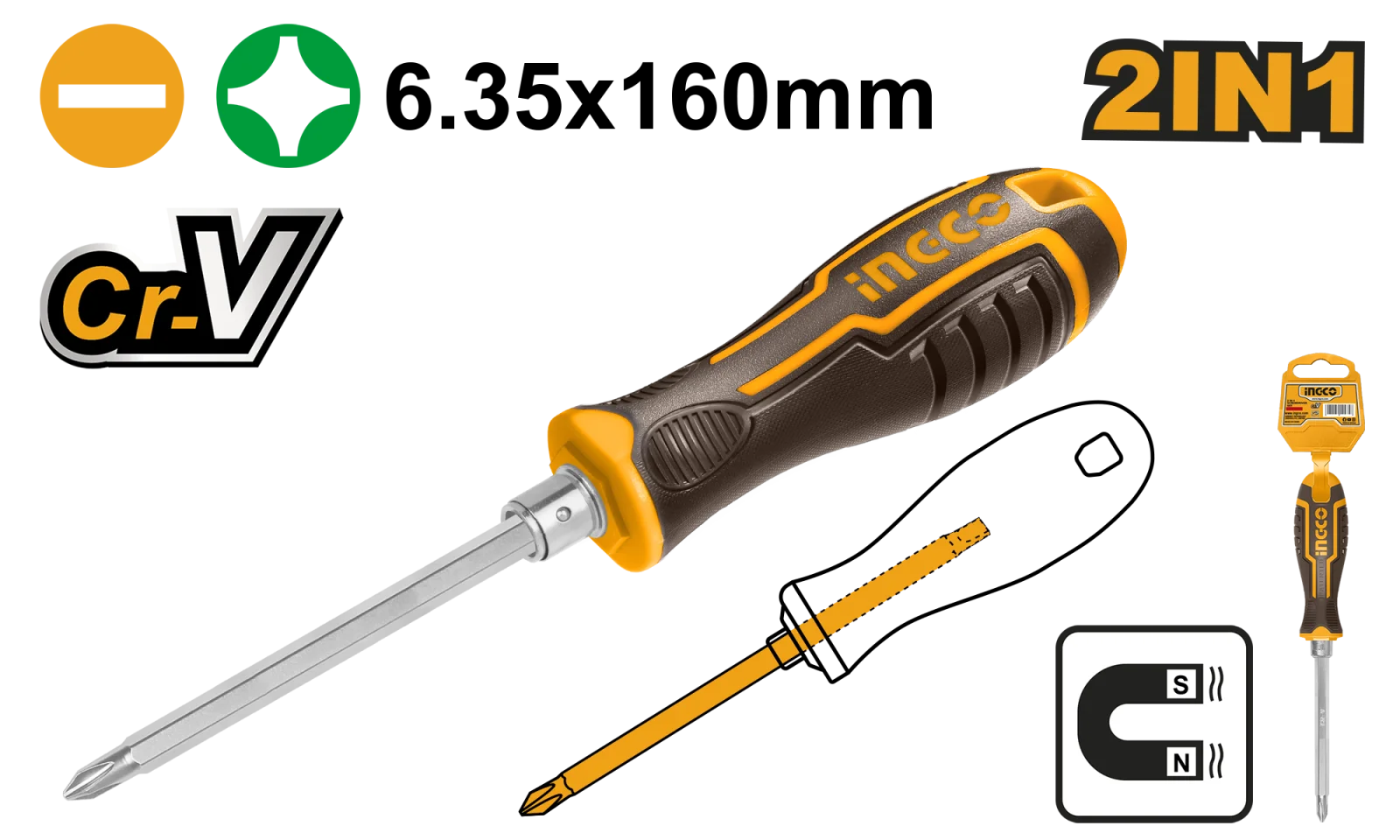 Отвертка двухсторонняя INGCO AKISD0201 INDUSTRIAL SL6+PH2 — фото 1