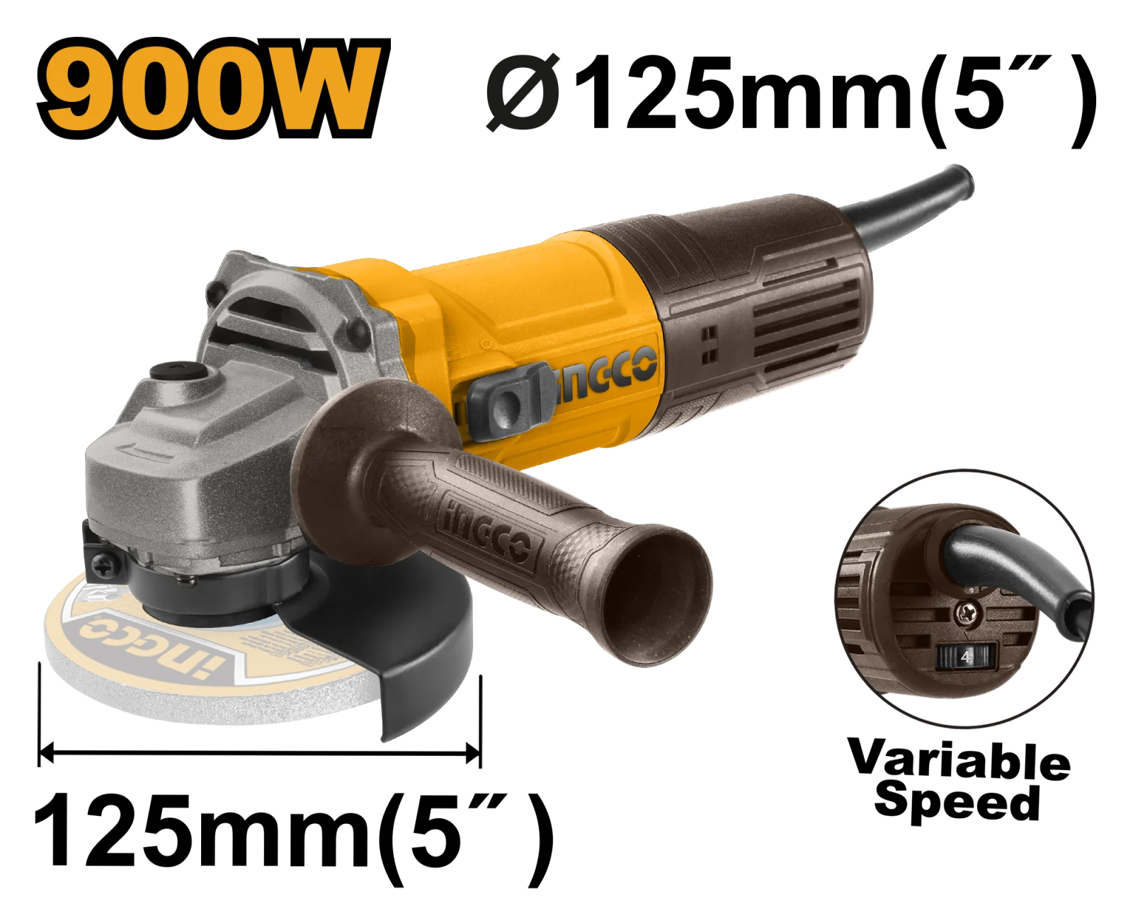 Угловая шлифовальная машина (УШМ) c регулировкой оборотов INGCO AG900285 INDUSTRIAL 125 мм 0,9 кВт — фото 1