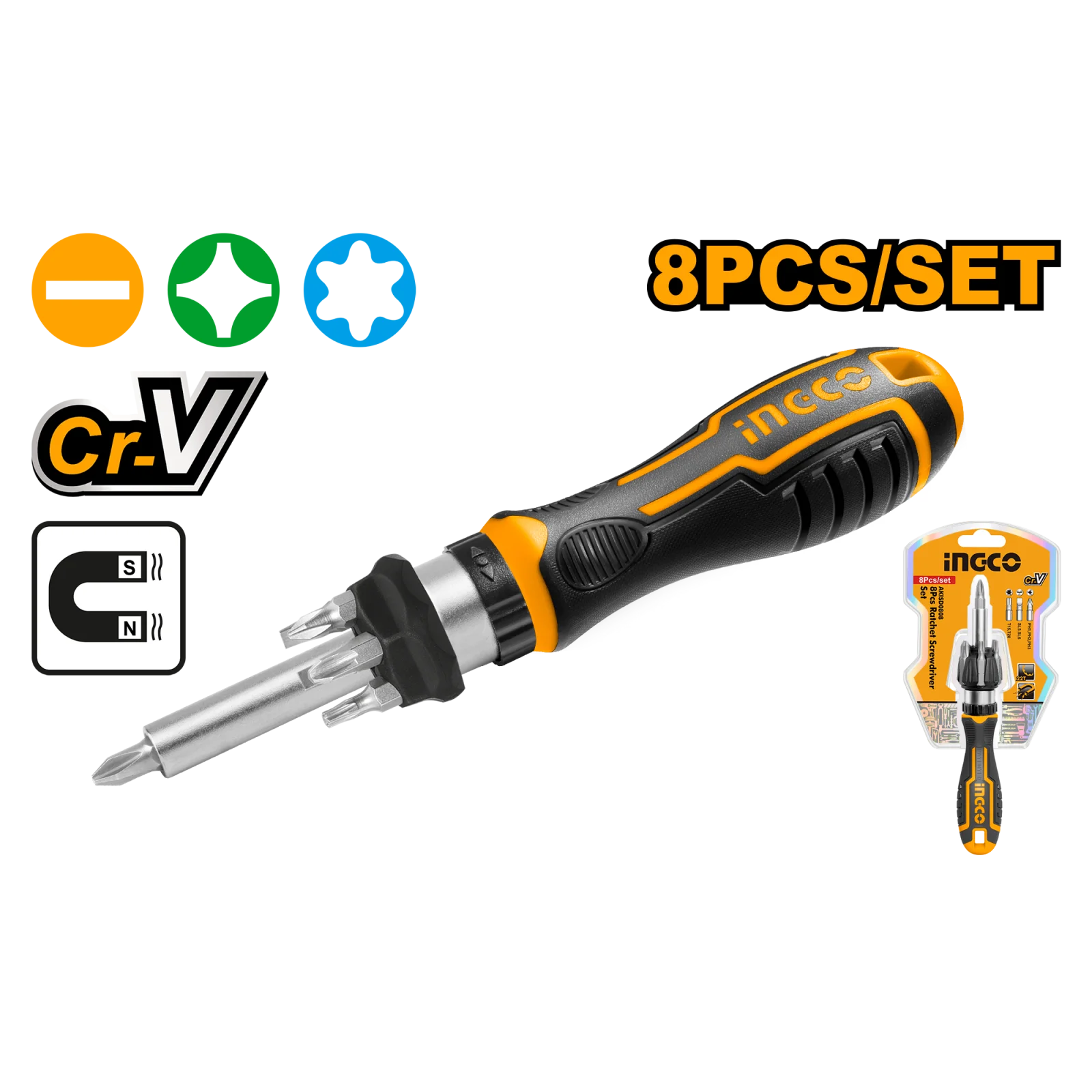 Отвёрткa тpeщоточная с битами INGCO AKISD0808 INDUSTRIAL 8 шт.