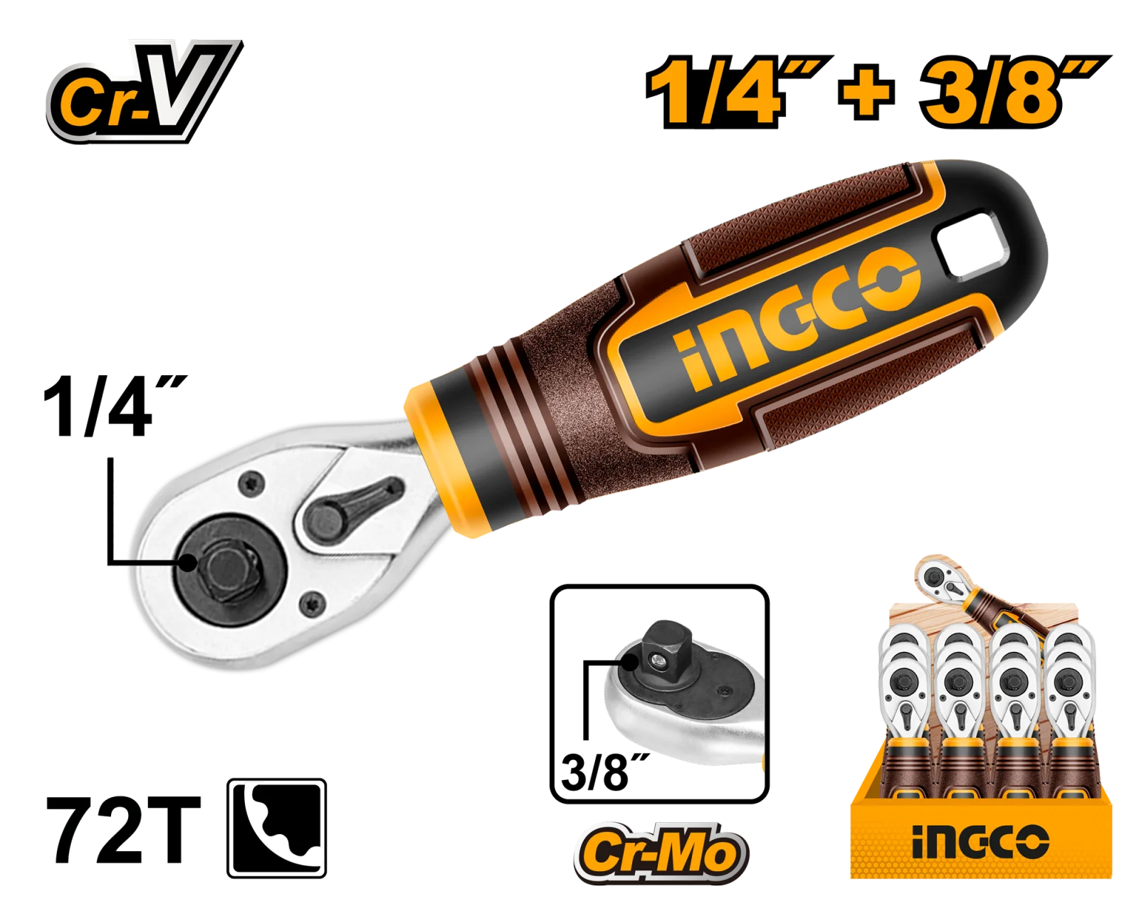 Ключ трещоточный INGCO HRTH081438 INDUSTRIAL 1/4
