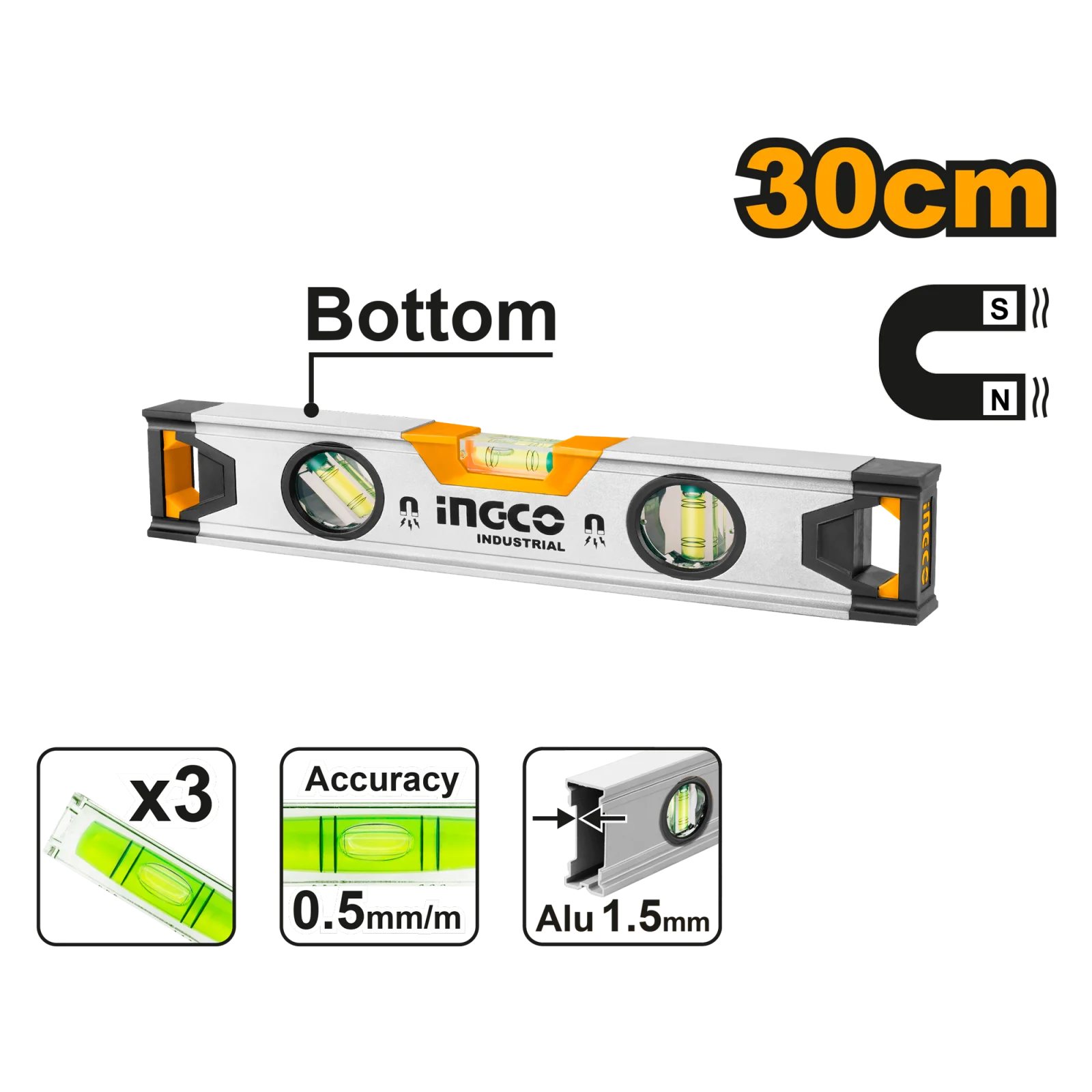 Строительный алюминиевый уровень магнитный INGCO HSL38030M INDUSTRIAL 30 см — фото 1