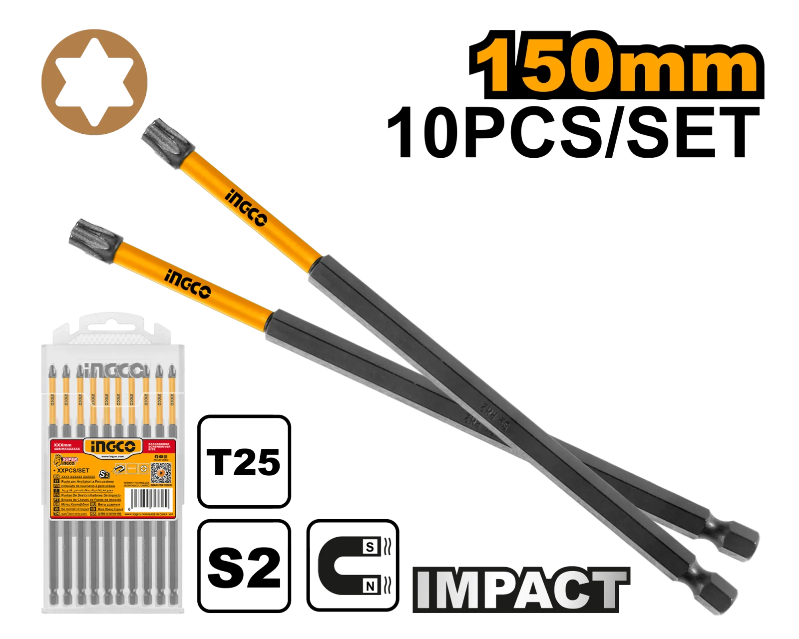 Набор ударных бит IMPACT INGCO SDBIM11T2563 INDUSTRIAL T25х150 мм 10 шт. — фото 1