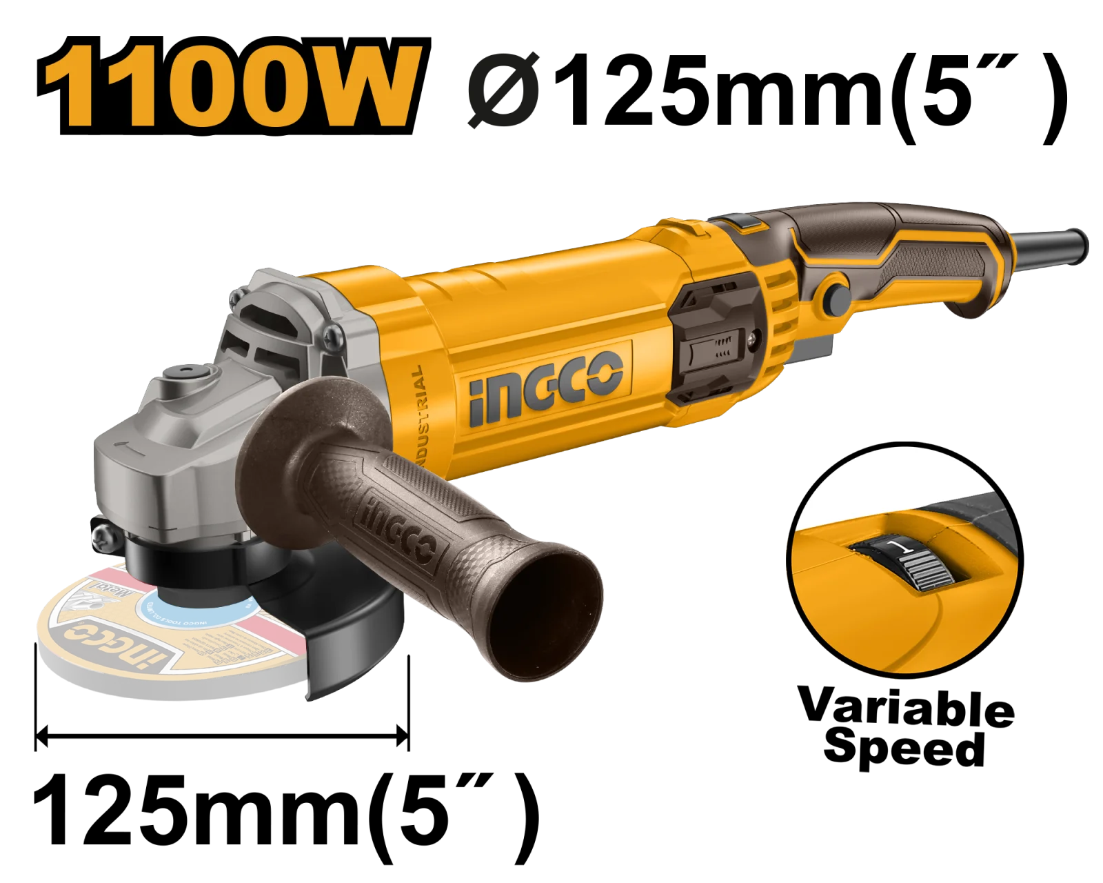 Угловая шлифовальная машина (УШМ) c регулировкой оборотов INGCO AG1100385 INDUSTRIAL 125 мм 1,1 кВт — фото 1