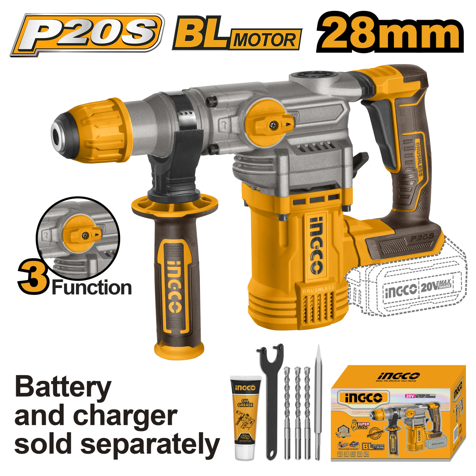 Аккумуляторный бесщеточный перфоратор SDS-Plus INGCO CRHLI20288 INDUSTRIAL 20 В 4,5 Дж