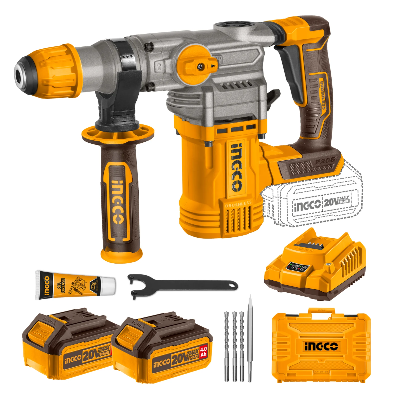 Аккумуляторный бесщеточный перфоратор SDS-Plus INGCO CRHLI202882 INDUSTRIAL 20 В 4,5 Дж 2x4 Ач — фото 2