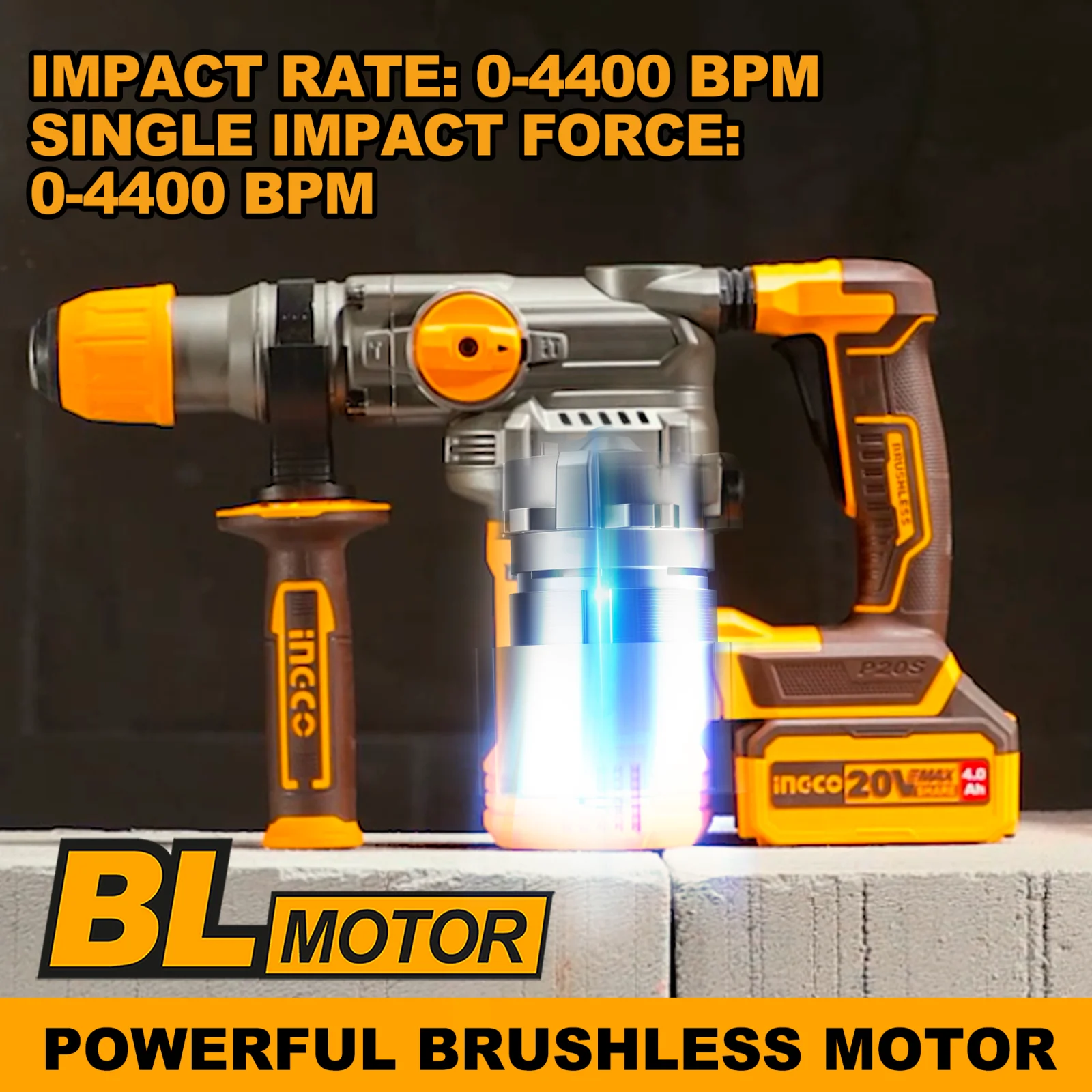 Аккумуляторный бесщеточный перфоратор SDS-Plus INGCO CRHLI202882 INDUSTRIAL 20 В 4,5 Дж 2x4 Ач — фото 3