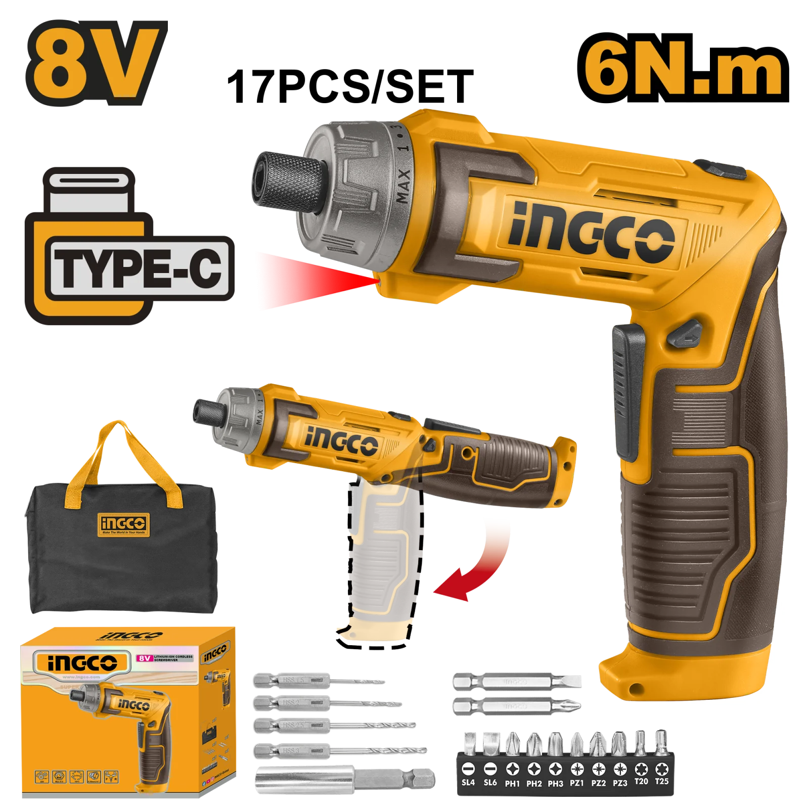 Аккумуляторная отвертка INGCO CSDLI0802 INDUSTRIAL 8 В 6 Нм 1/4