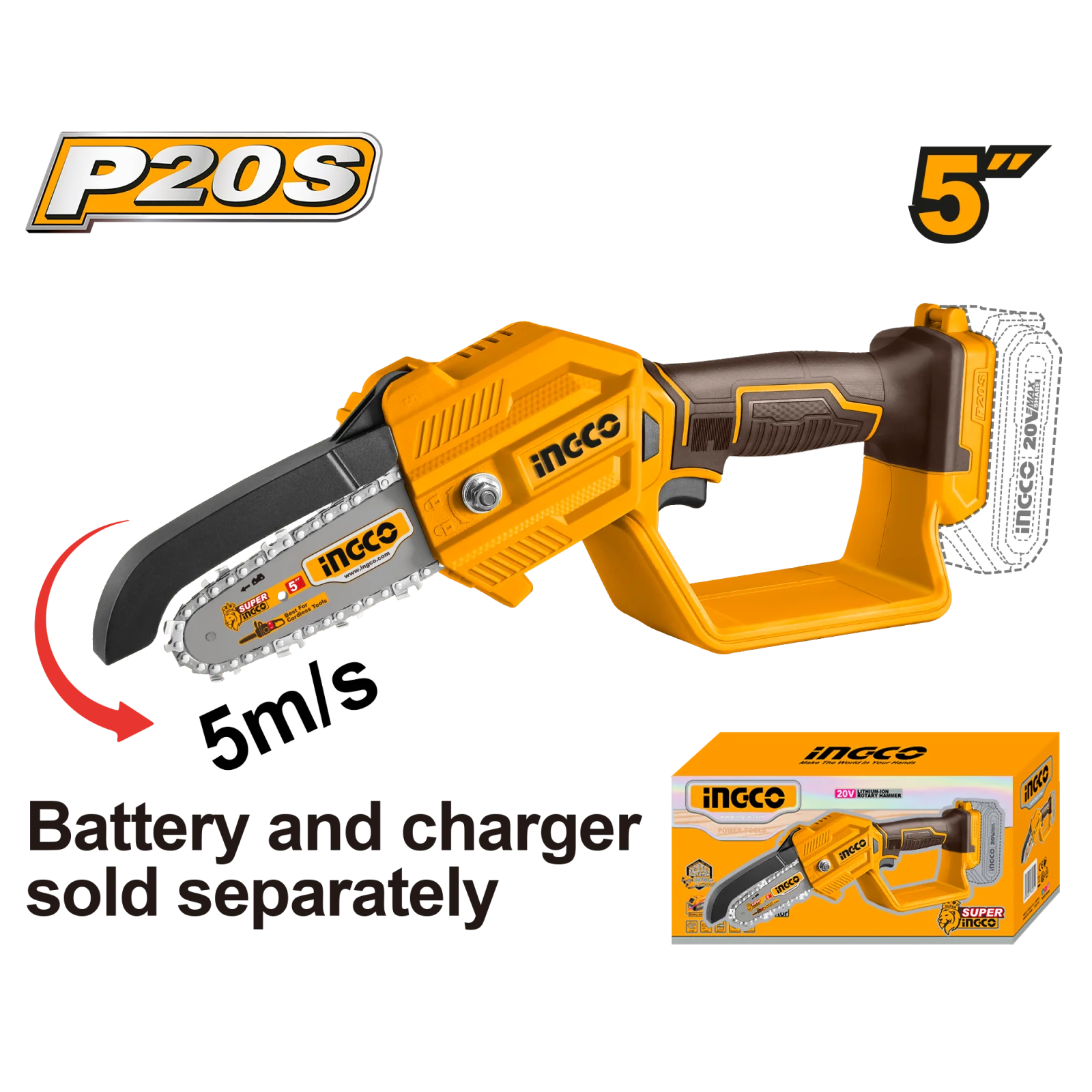 Аккумуляторная цепная мини пила INGCO CGSLI2058 20 В 5