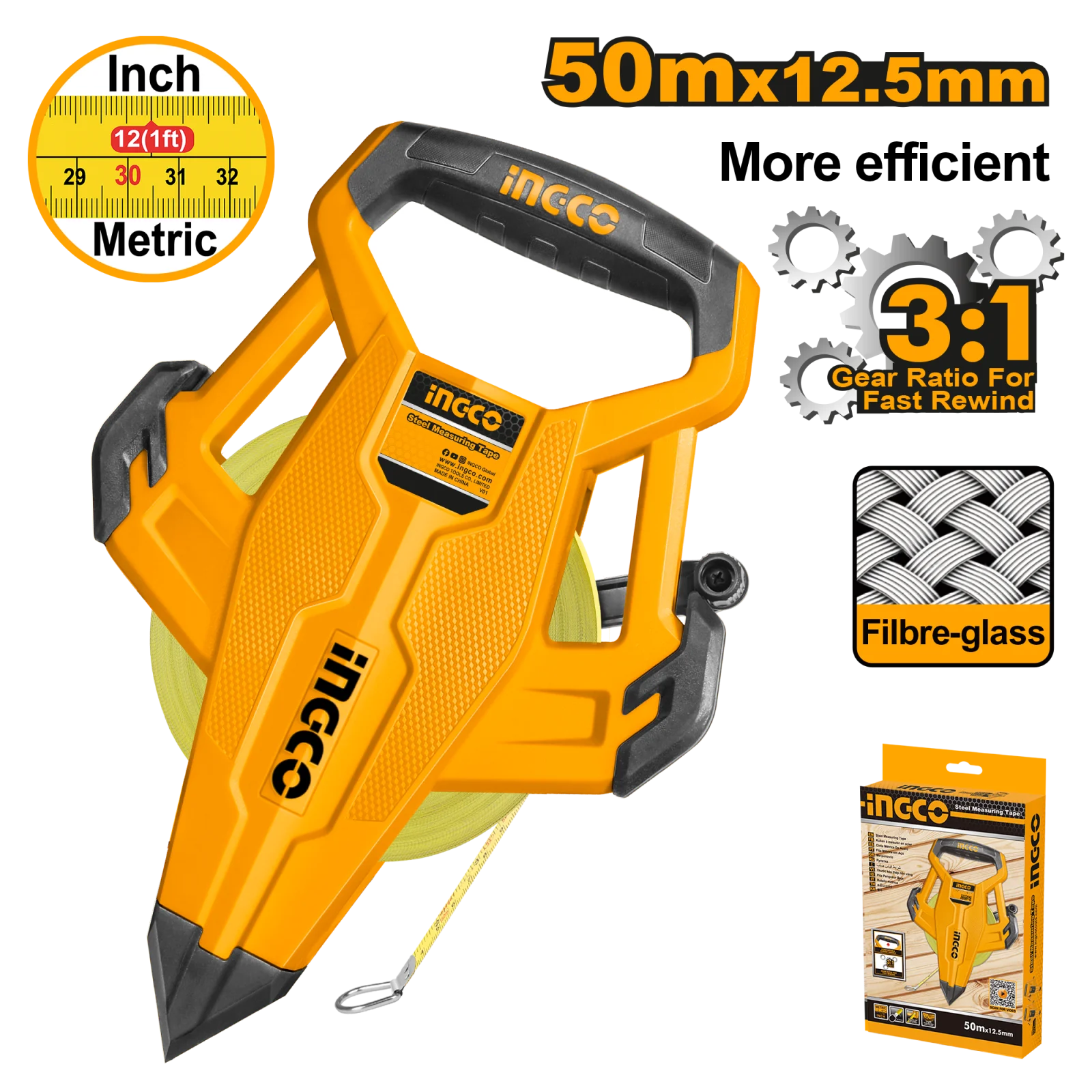 Мерная лента фиберглассовая INGCO HFMT8350 INDUSTRIAL 50 м — фото 1