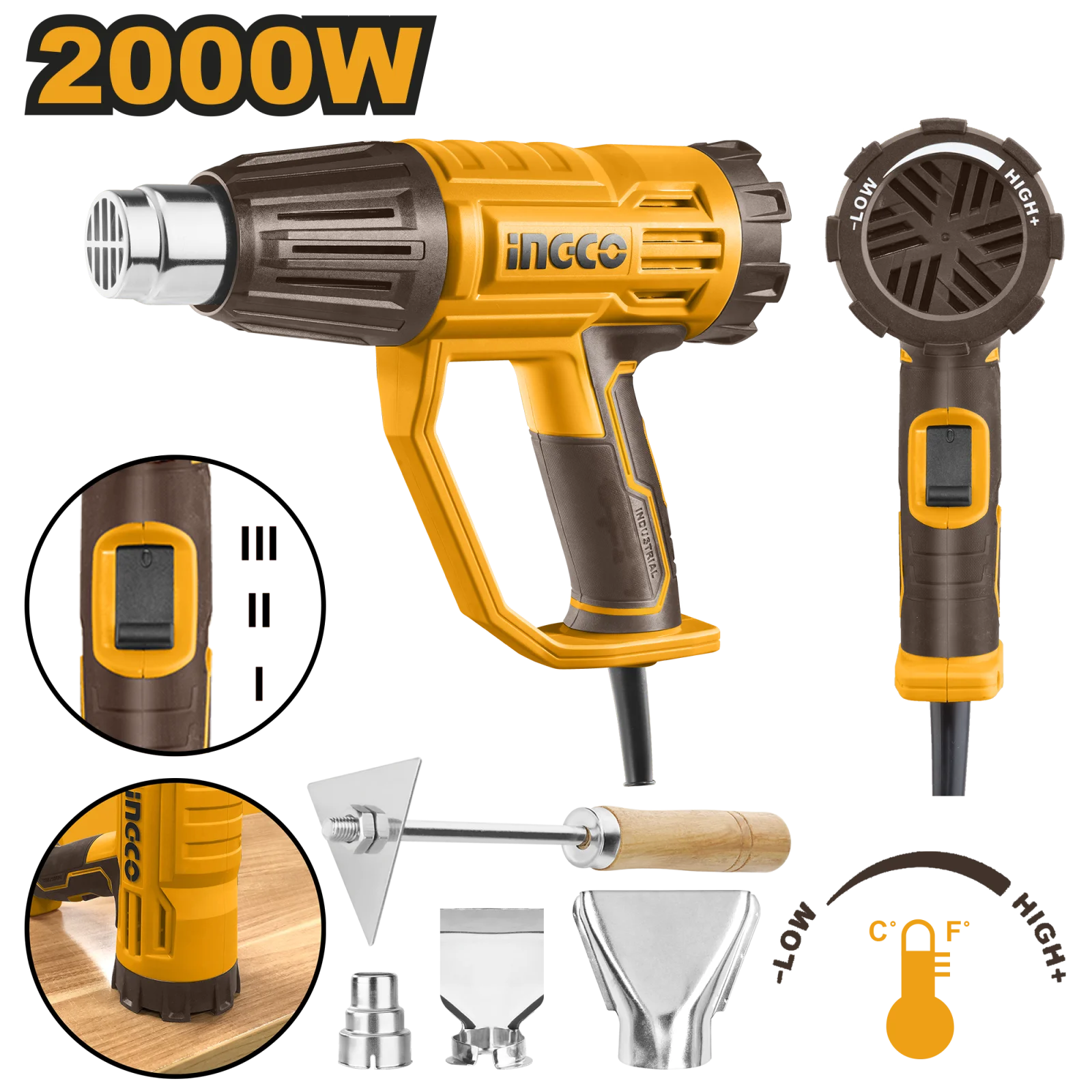 Фен строительный INGCO HG200047 INDUSTRIAL 50/50-450/50-550°C 2,0 кВт